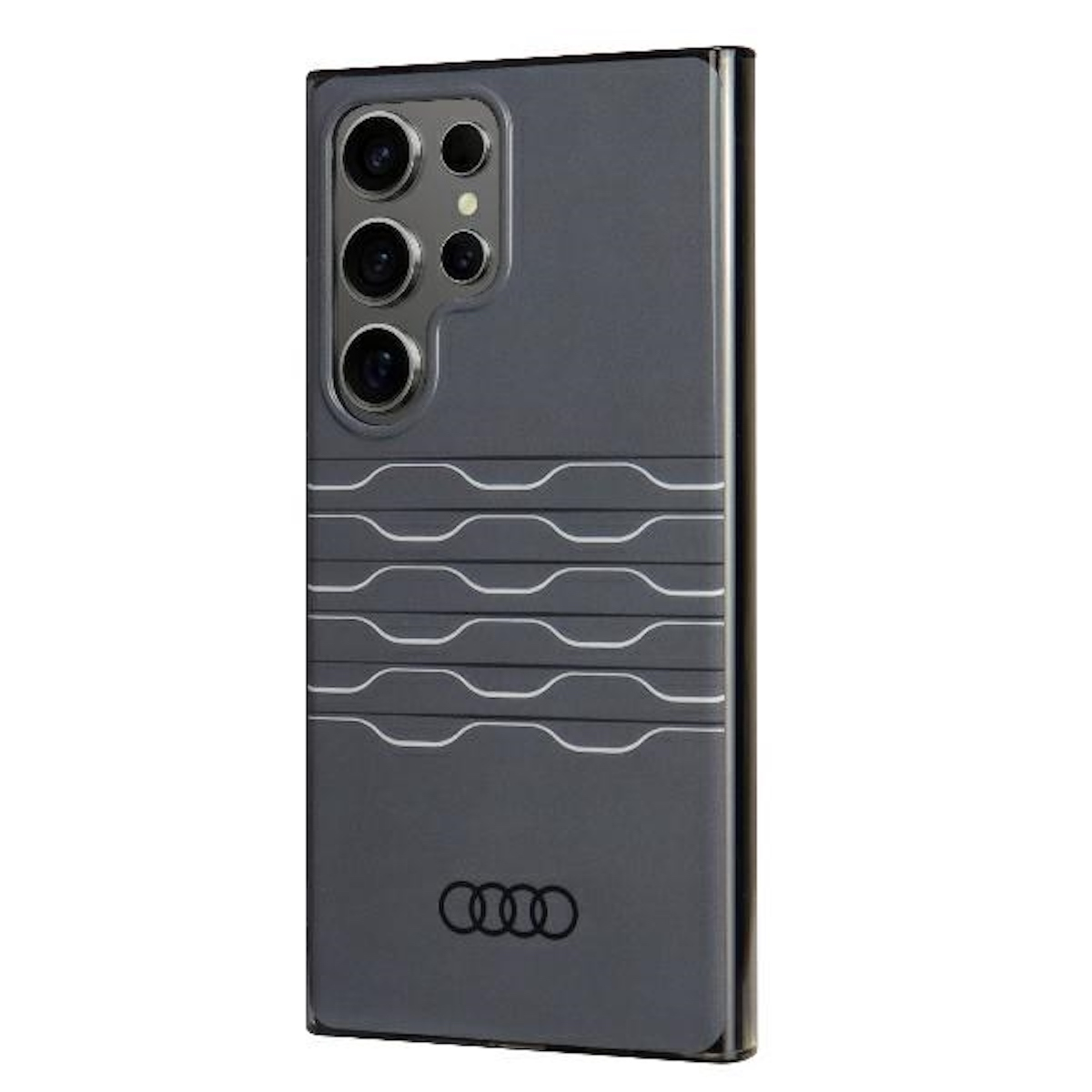 Custodia grigia per telefono con logo Audi. Diverse lenti della fotocamera.