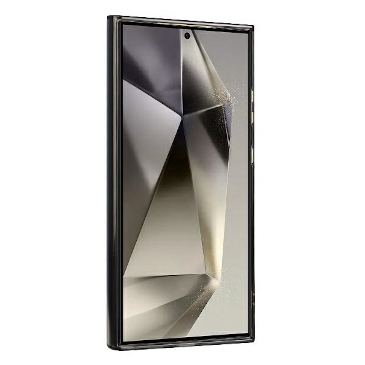 Smartphone con design geometrico sullo schermo, cornice nera e fotocamera.