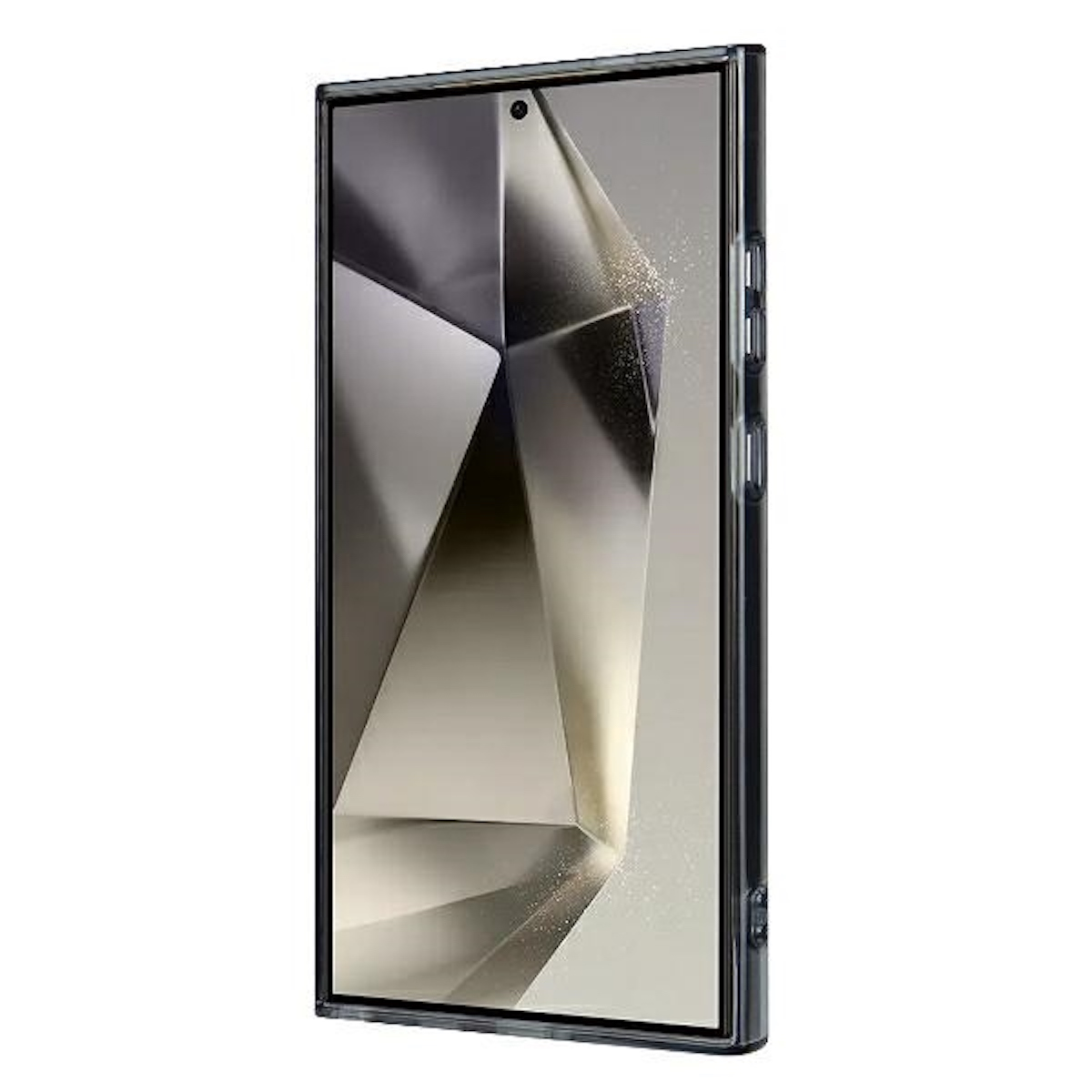 Custodia trasparente su un telefono, che mostra un design futuristico. Il telefono è di lato.