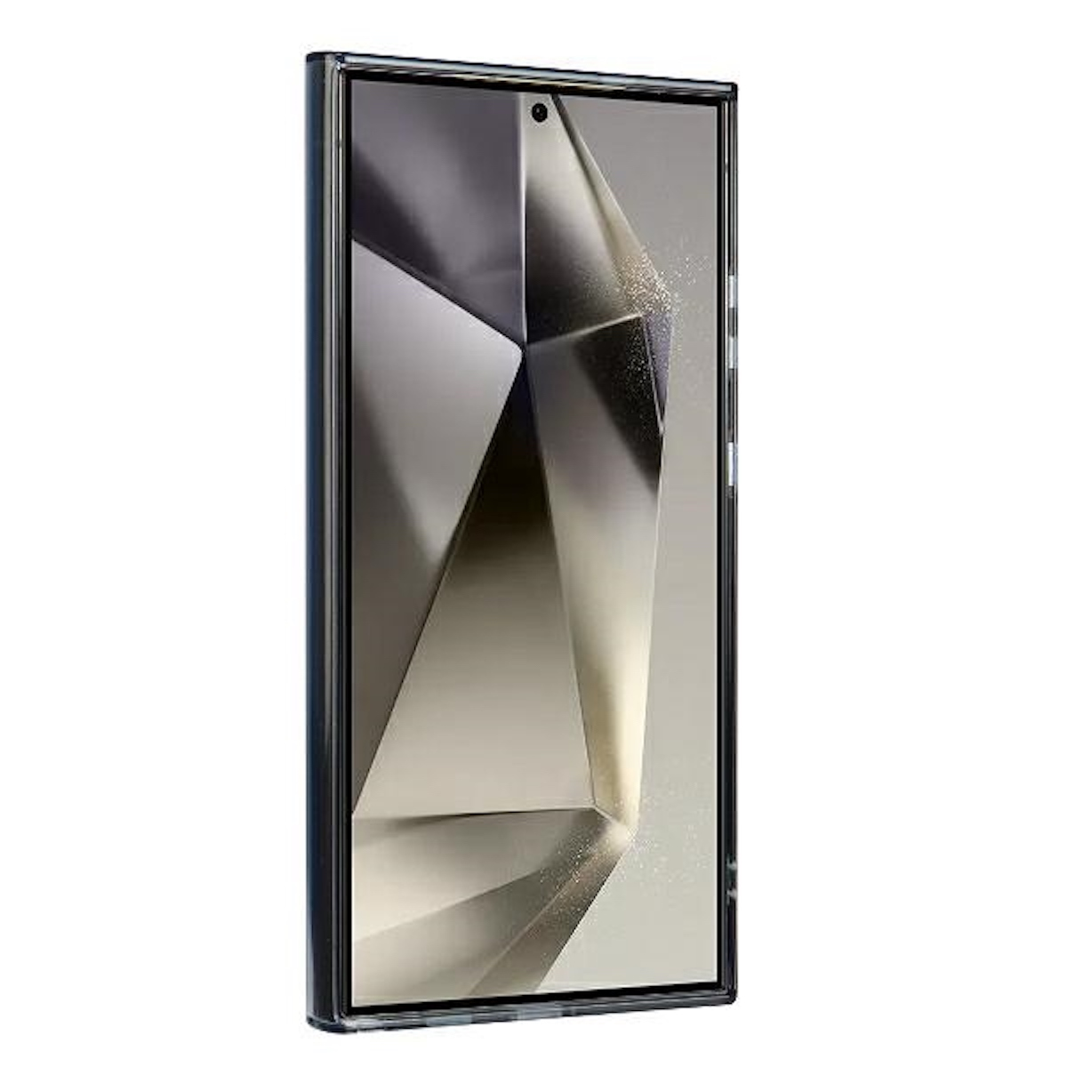 Un telefono rettangolare con una cornice scura su uno sfondo bianco. Lo schermo ha un design geometrico.