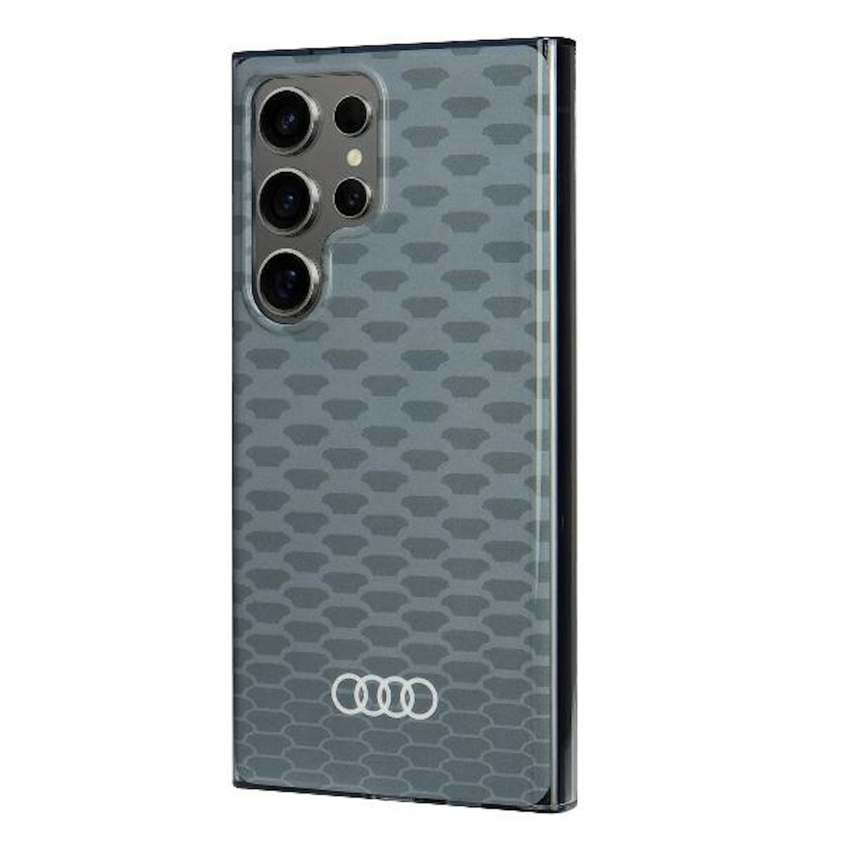 Una custodia per telefono con il logo Audi. È grigia con un motivo ripetuto e un ritaglio per la fotocamera.