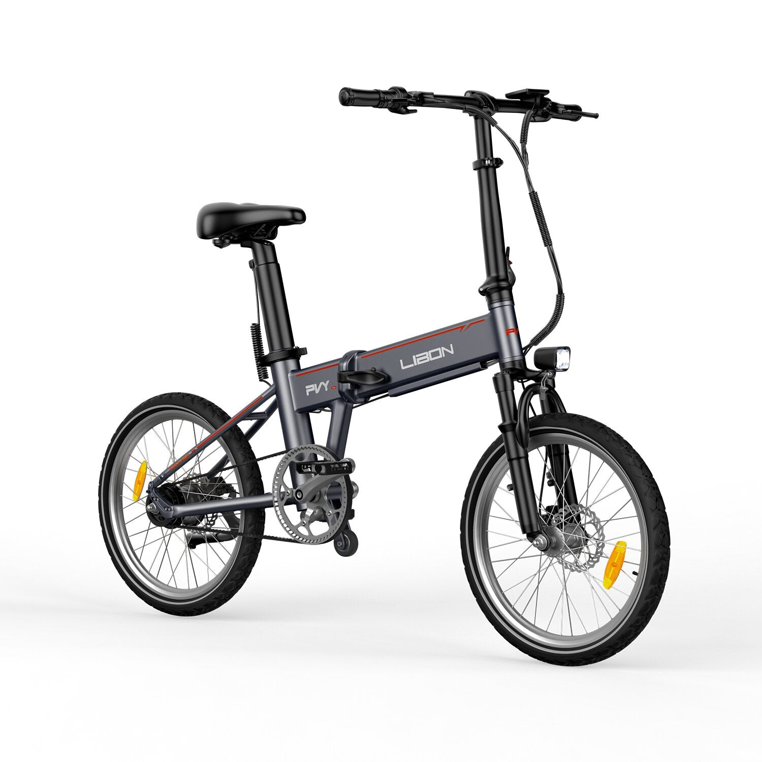 Una bici pieghevole grigia con pneumatici neri su sfondo bianco.