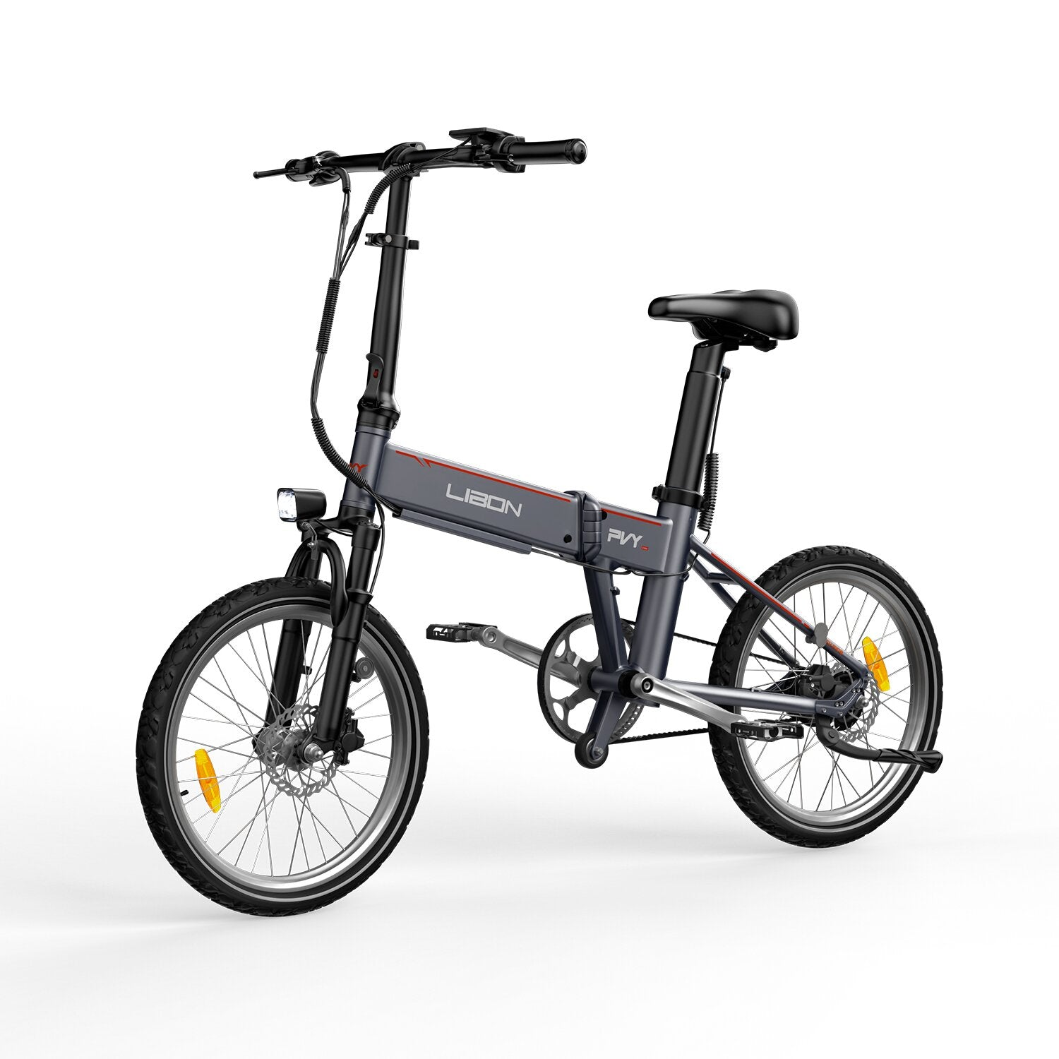 E-bike pieghevole grigia su sfondo bianco, dettagli rossi, pneumatici e sedile neri.