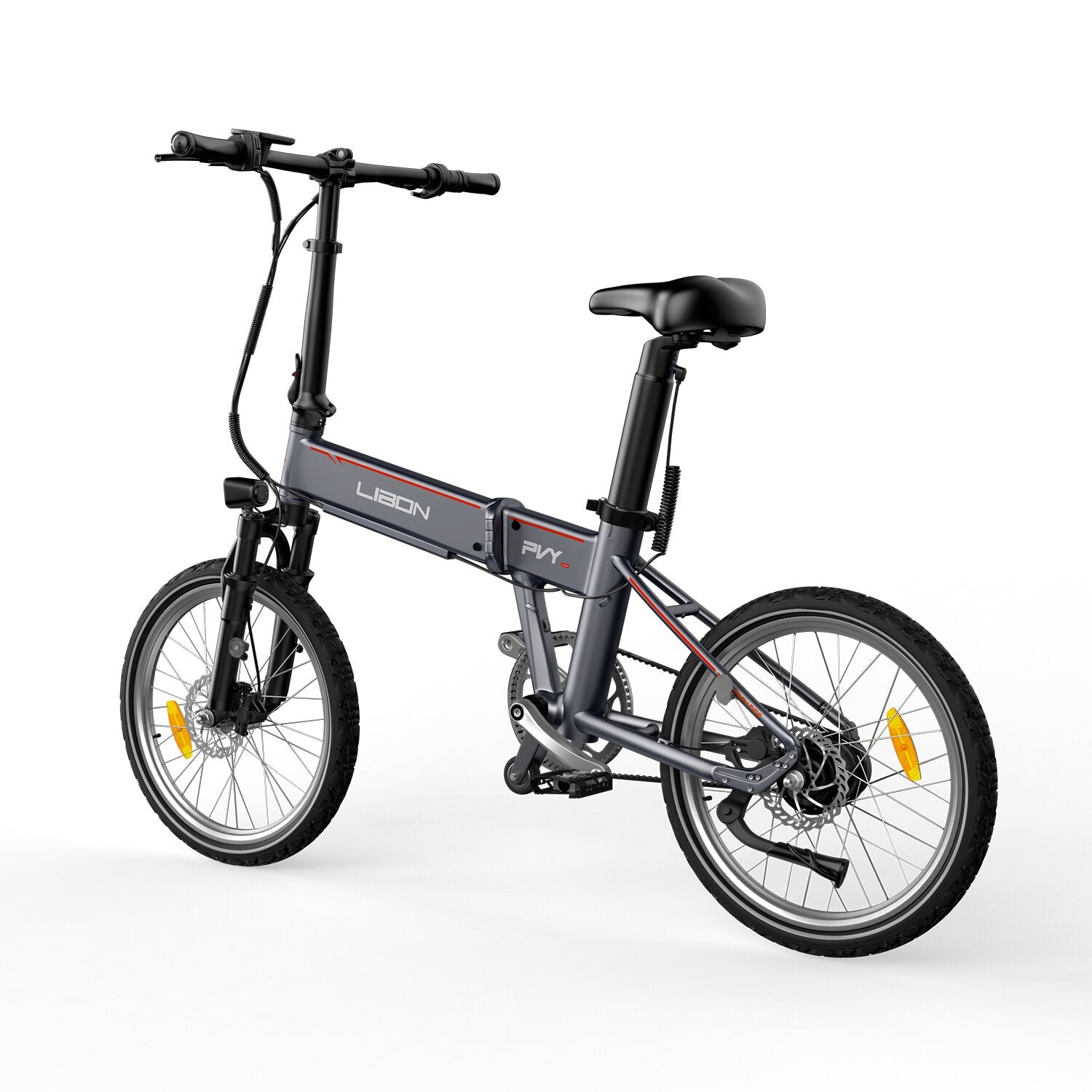 Bicicletta elettrica grigia pieghevole con dettagli rossi. Mostrata di lato su sfondo bianco.