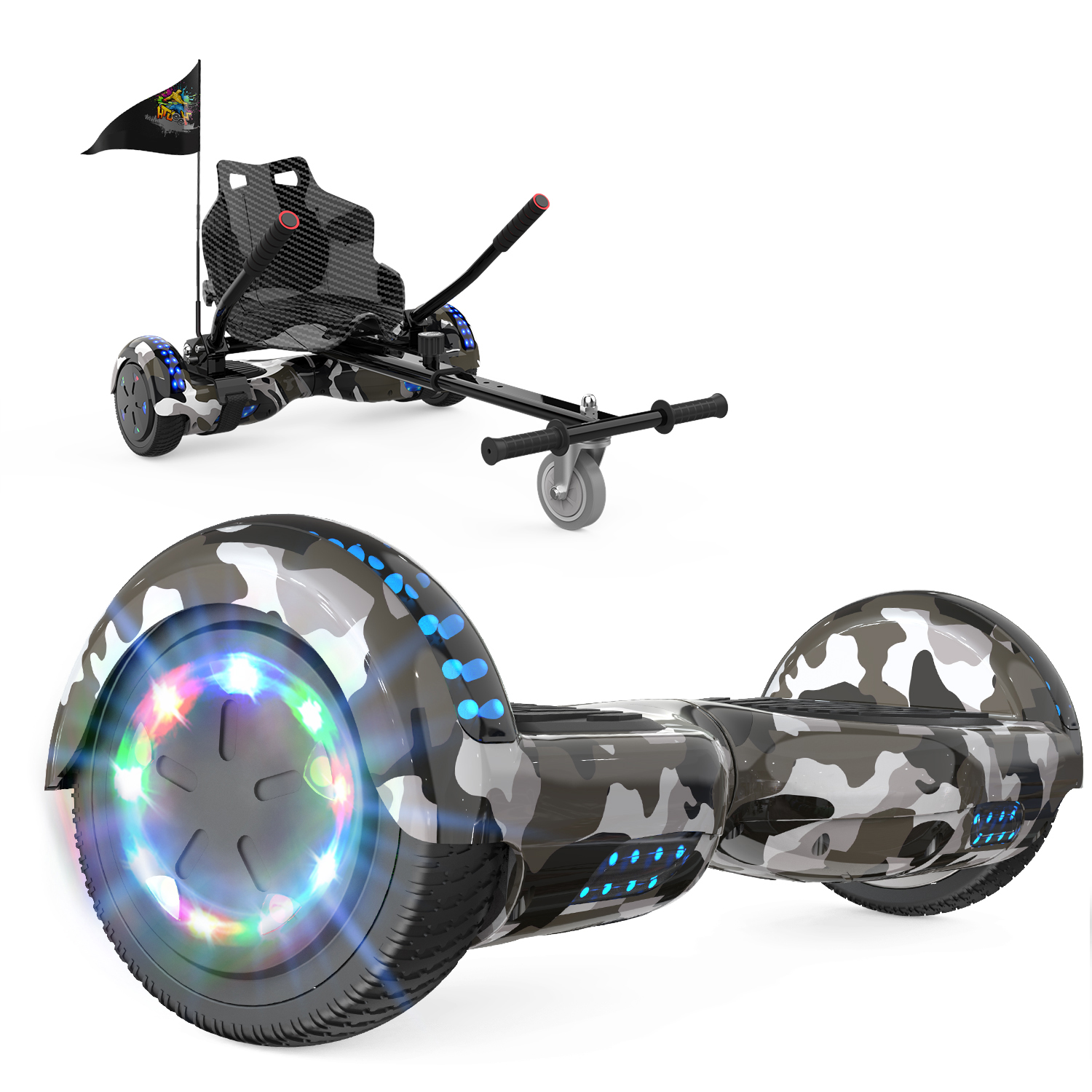 Un hoverboard con un accesorio de kart. Diseño de camuflaje. El hoverboard tiene luces y una bandera.