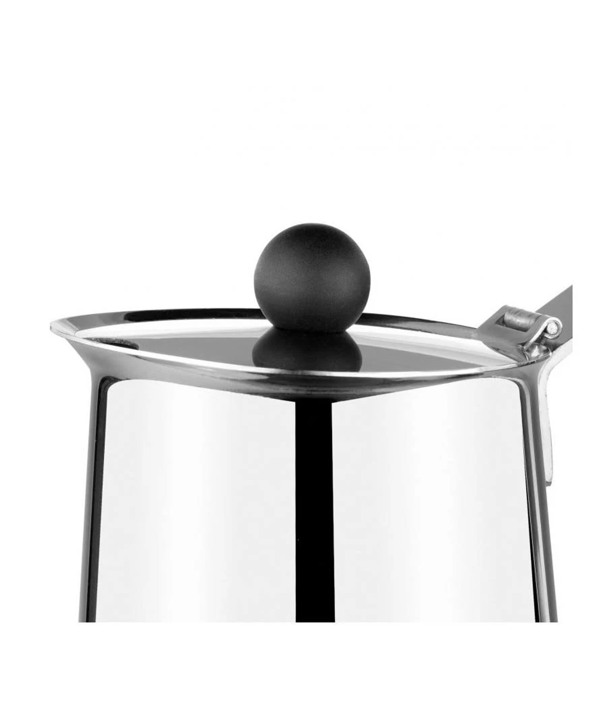 Zbliżenie pokrywy dzbanka do kawy ze stali nierdzewnej z czarnym pokrętłem na białym tle.