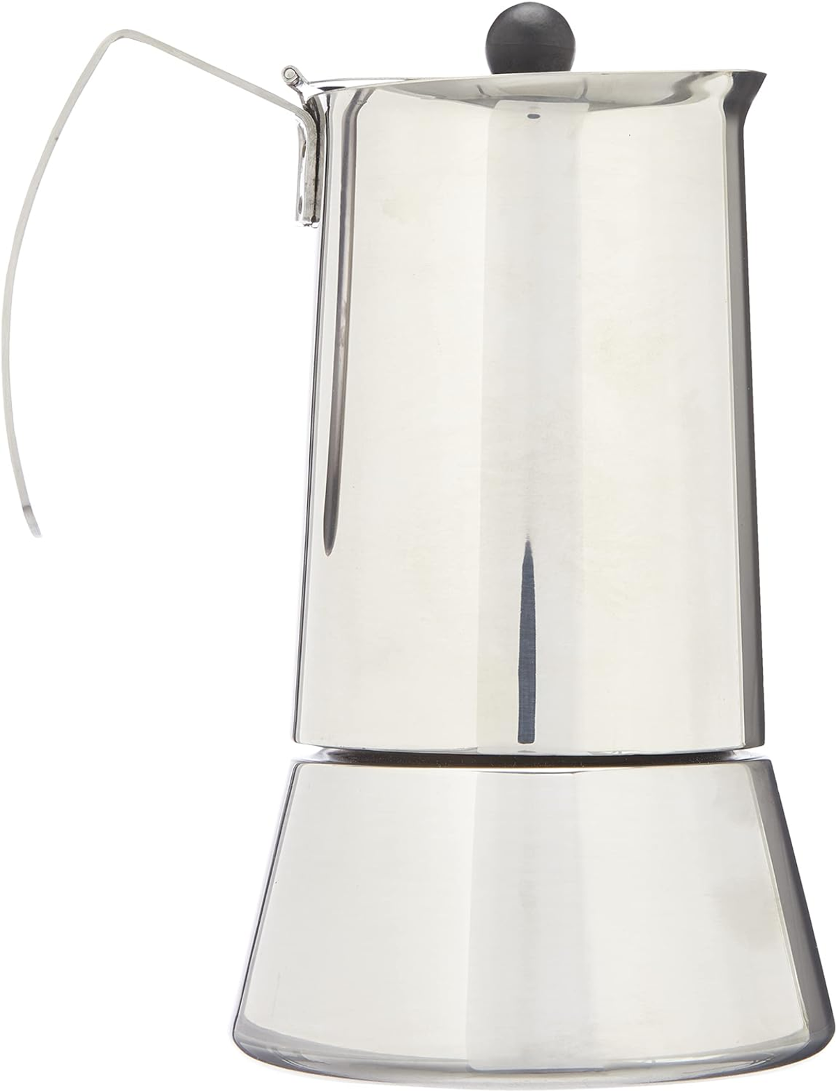 Ekspres do kawy ze stali nierdzewnej z uchwytem i czarnym pokrętłem na górze.