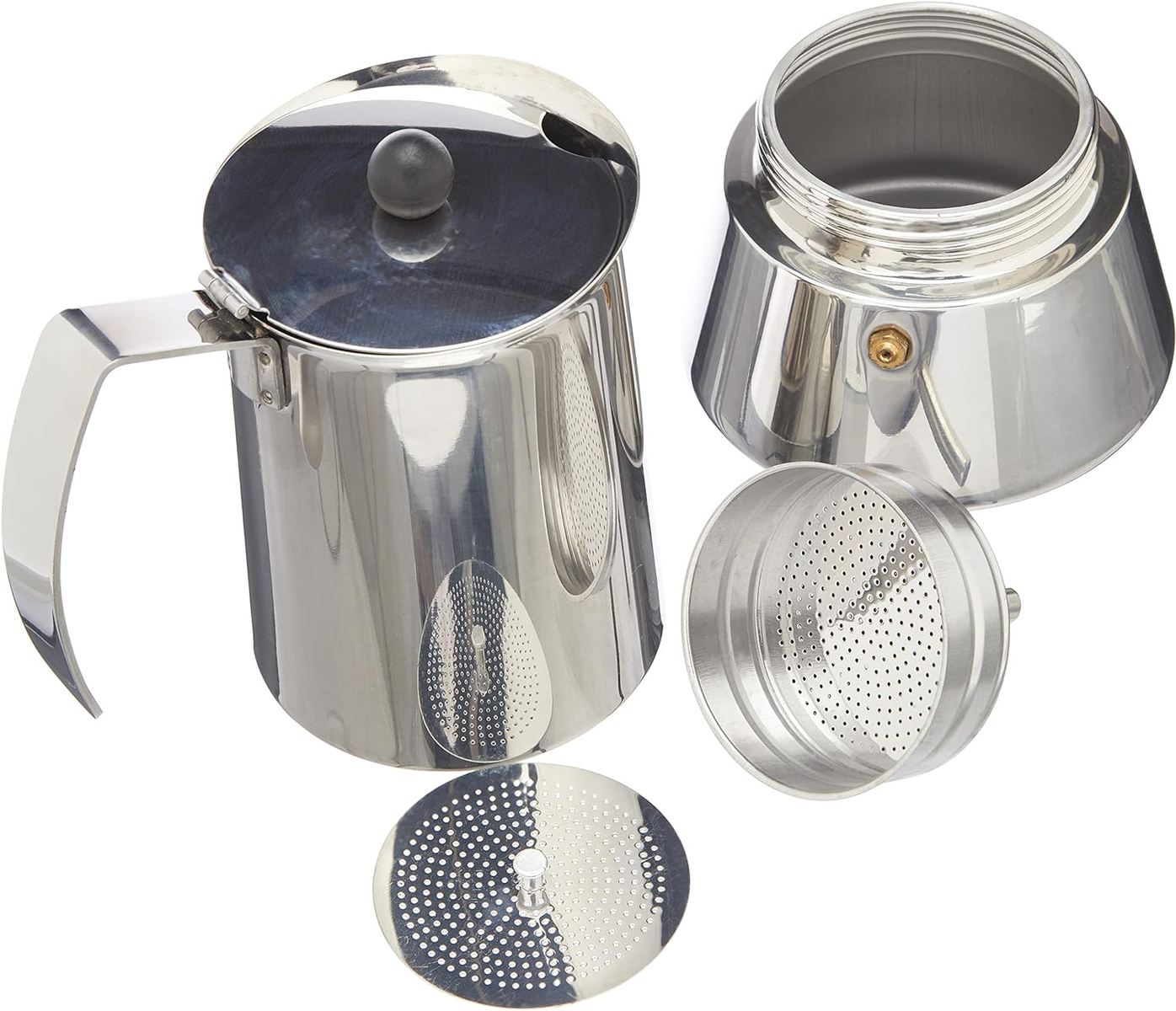 Ekspres do espresso ze stali nierdzewnej, rozebrany z widocznymi częściami.