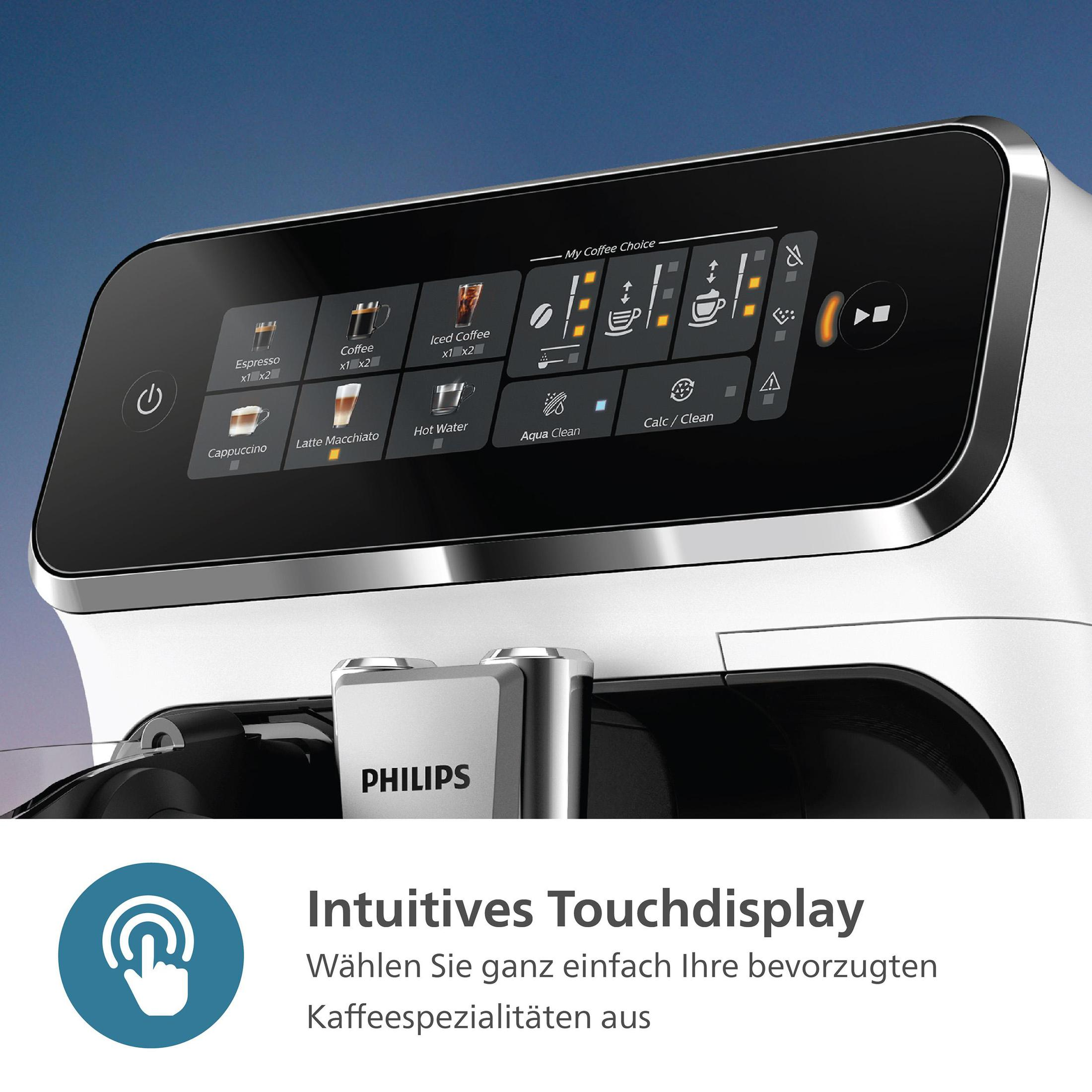 Biało-czarny wyświetlacz ekspresu do kawy. Ekran dotykowy z ikonami opcji kawy. Białe tło.