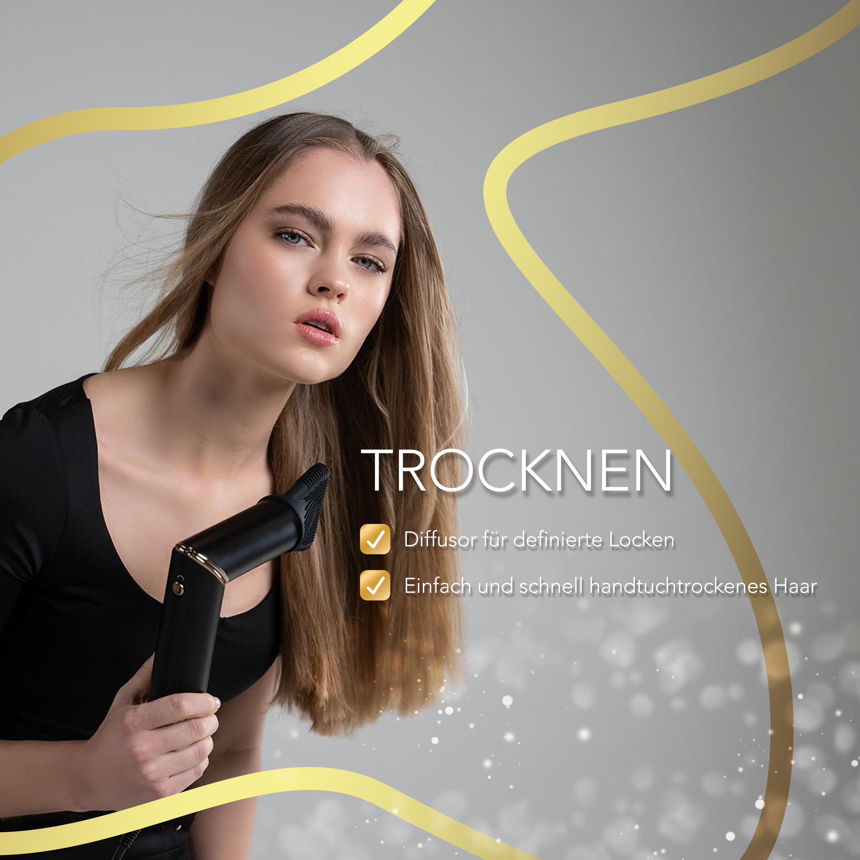 Eine Frau hält einen schwarzen Haartrockner, mit Text über das Trocknen der Haare.