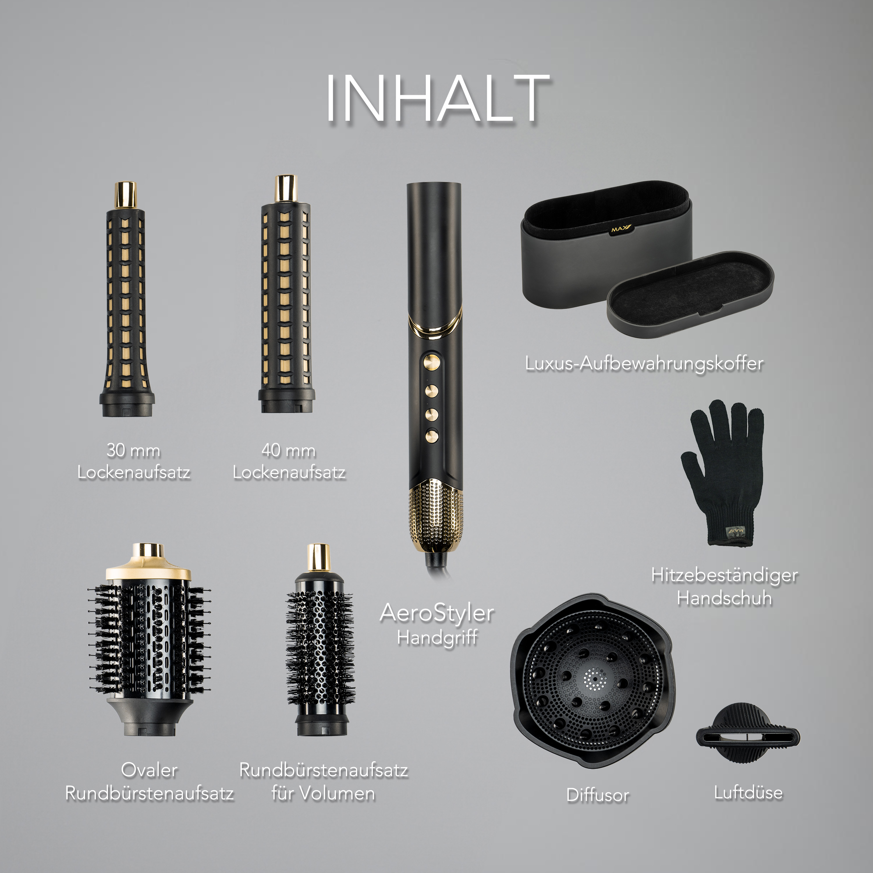 Verschiedene Haarstyling-Werkzeuge, darunter Lockenaufsätze, eine Stylingbürste und ein hitzebeständiger Handschuh.
