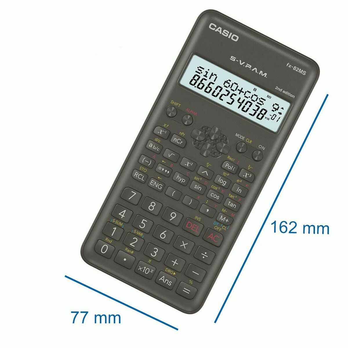 Una calculadora Casio negra con pantalla, botones y funciones etiquetadas. Dimensiones: 77 mm x 162 mm.