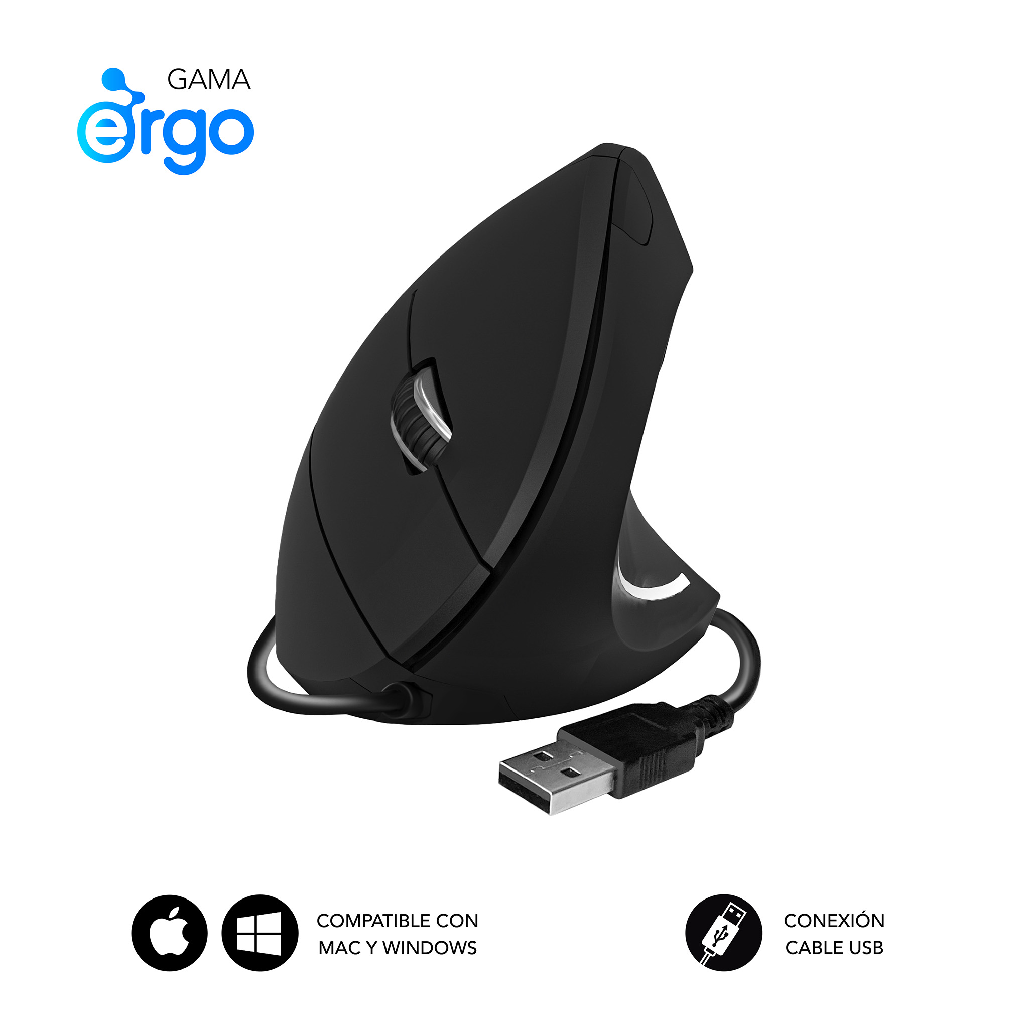 Ratón vertical ergonómico negro con cable USB. Logotipo GAMA Ergo visible.