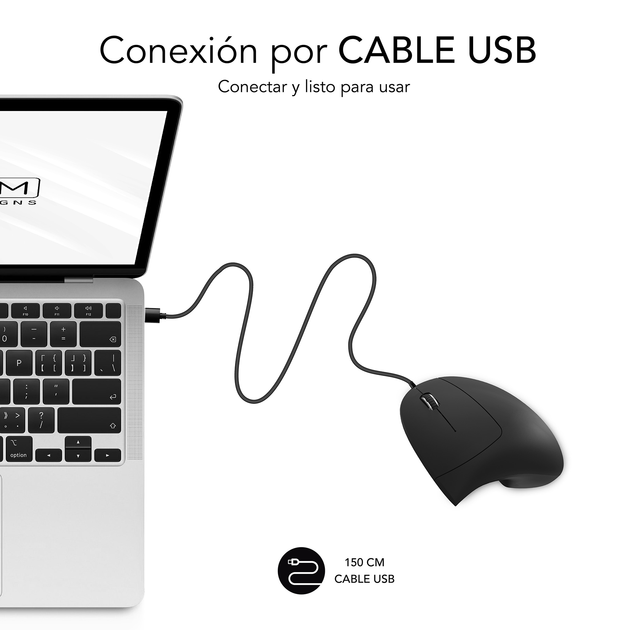 Portátil conectado a un ratón negro con cable USB. El fondo es blanco.