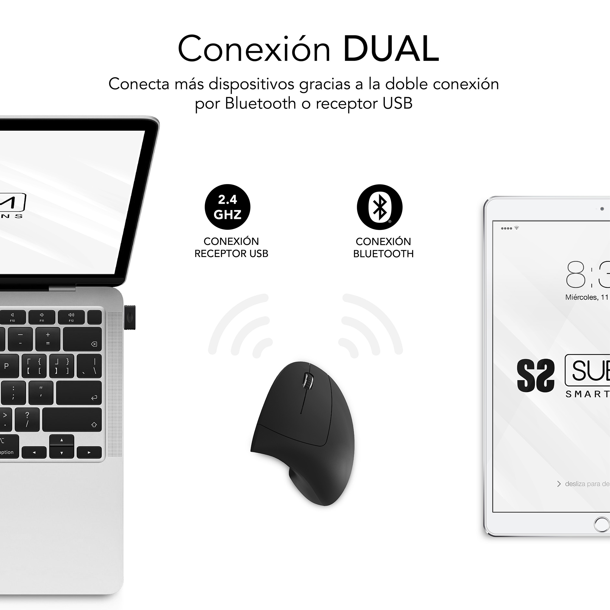 Una computadora portátil y una tableta están conectadas a un mouse inalámbrico. Un mouse negro está sobre la mesa.
