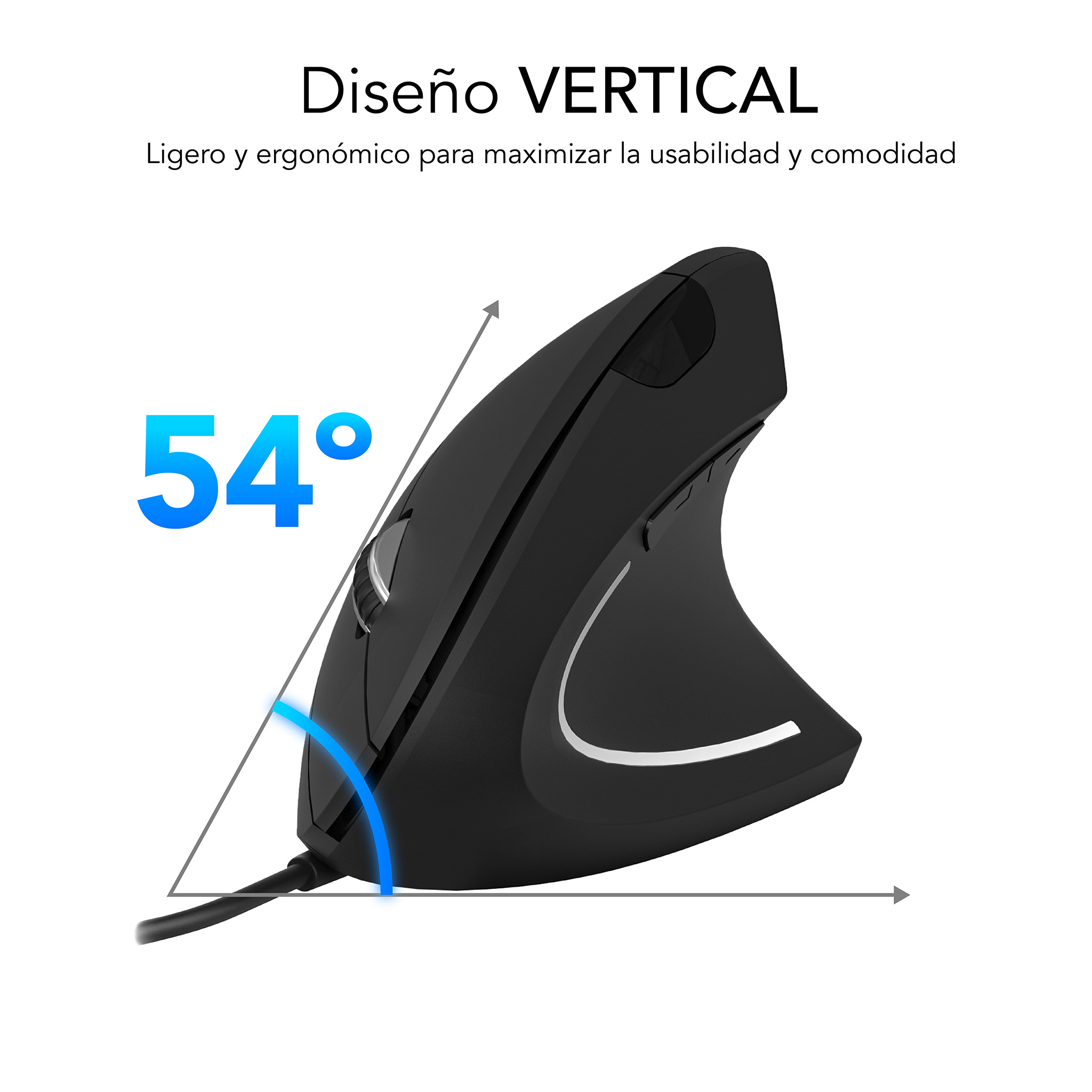 Ratón ergonómico negro con ángulo de 54 grados, diseñado para uso vertical.