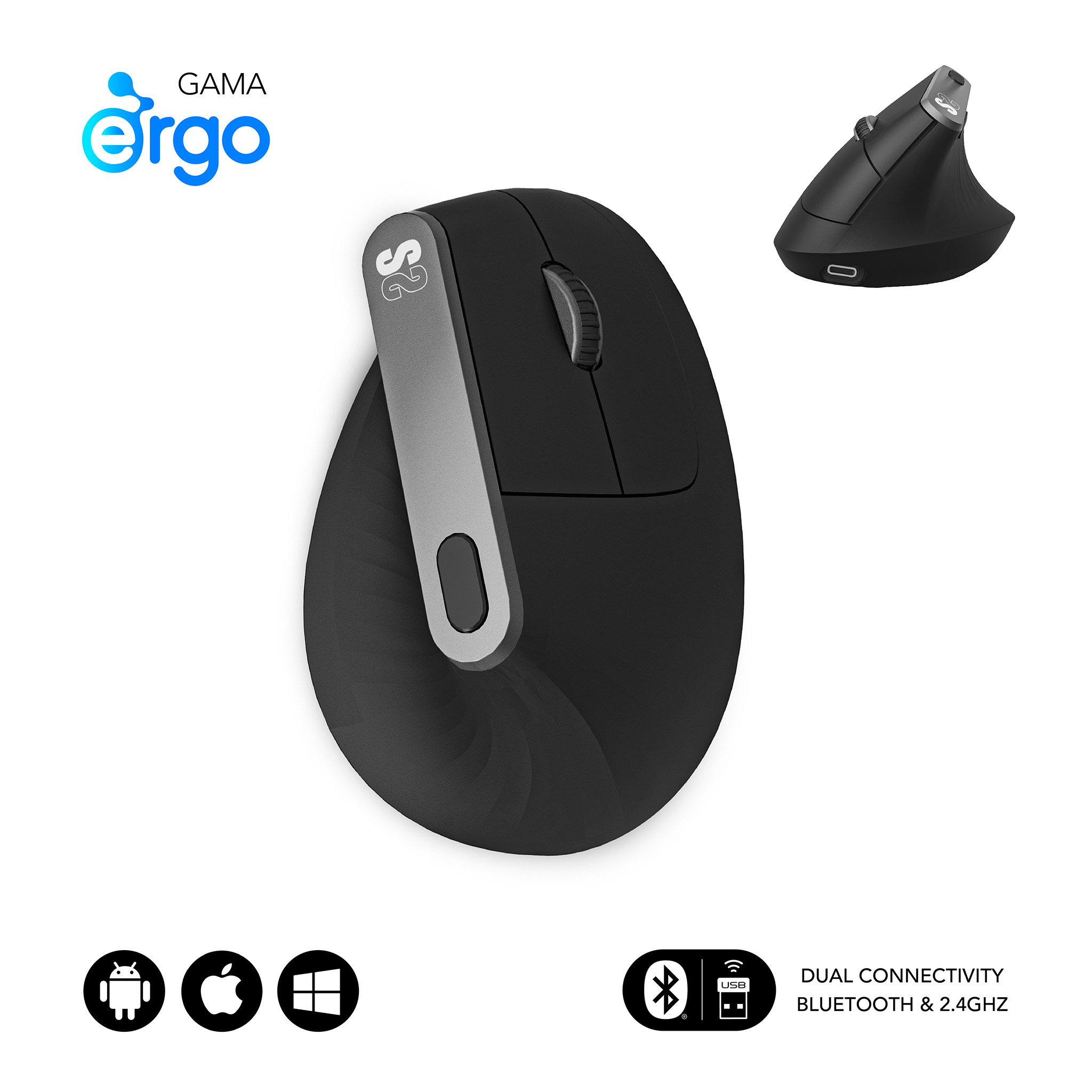 Mouse verticale ergonomico con corpo nero e dettagli argento, con vista più piccola.