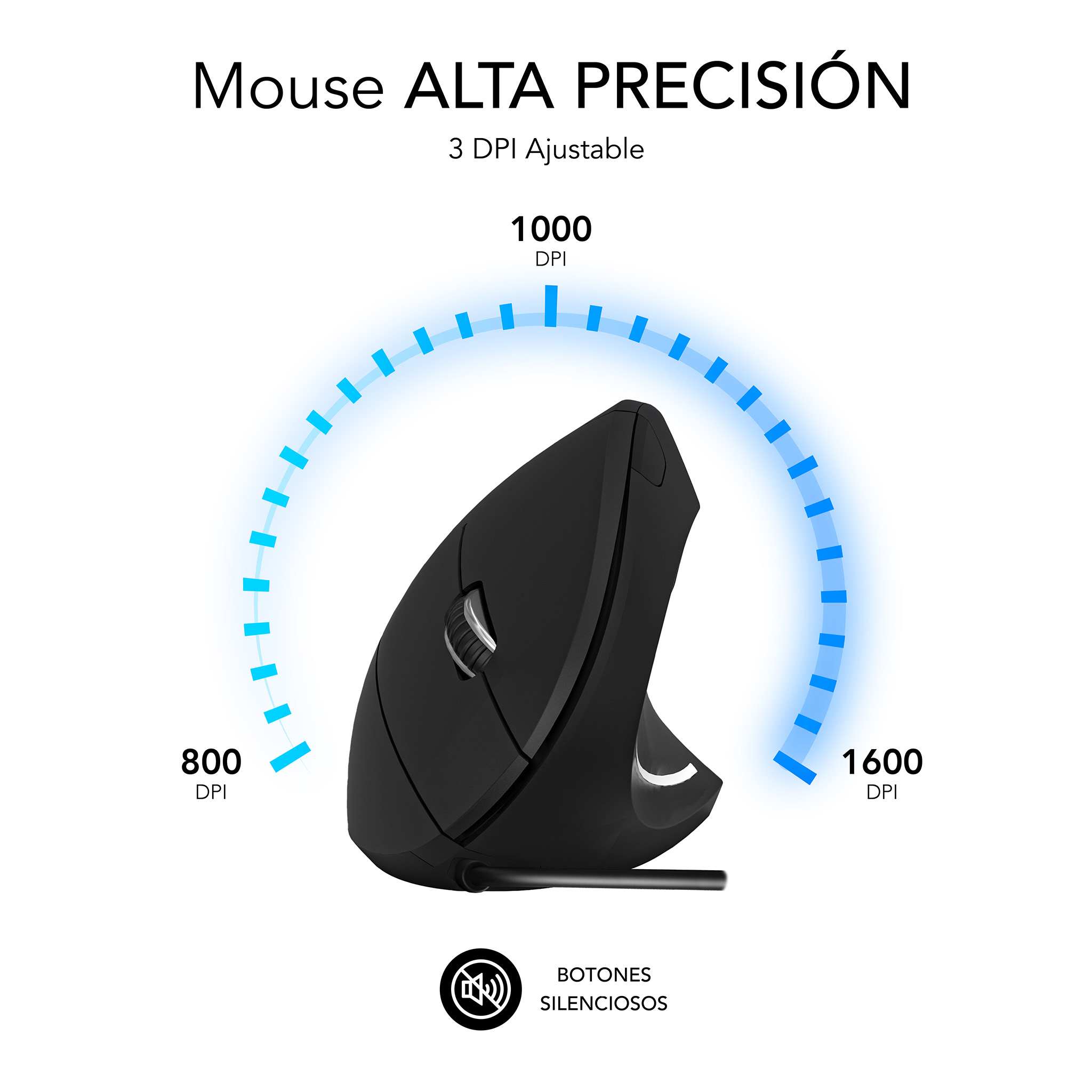 Ratón ergonómico negro con ajustes DPI, mostrando rango 800-1600 DPI. Texto: 'Mouse ALTA PRECISIÓN'.