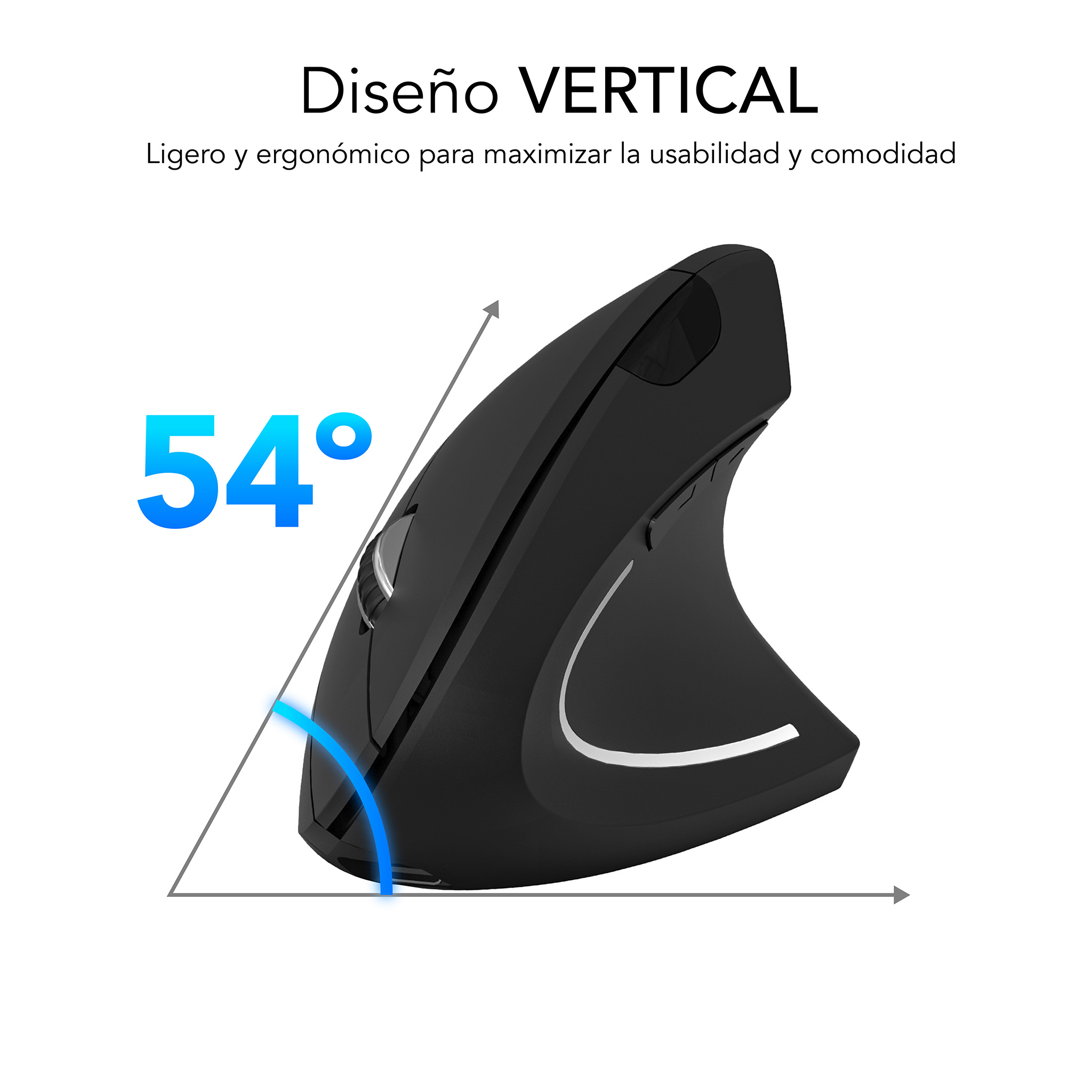 Ratón ergonómico negro con un ángulo de 54 grados y texto sobre el diseño.