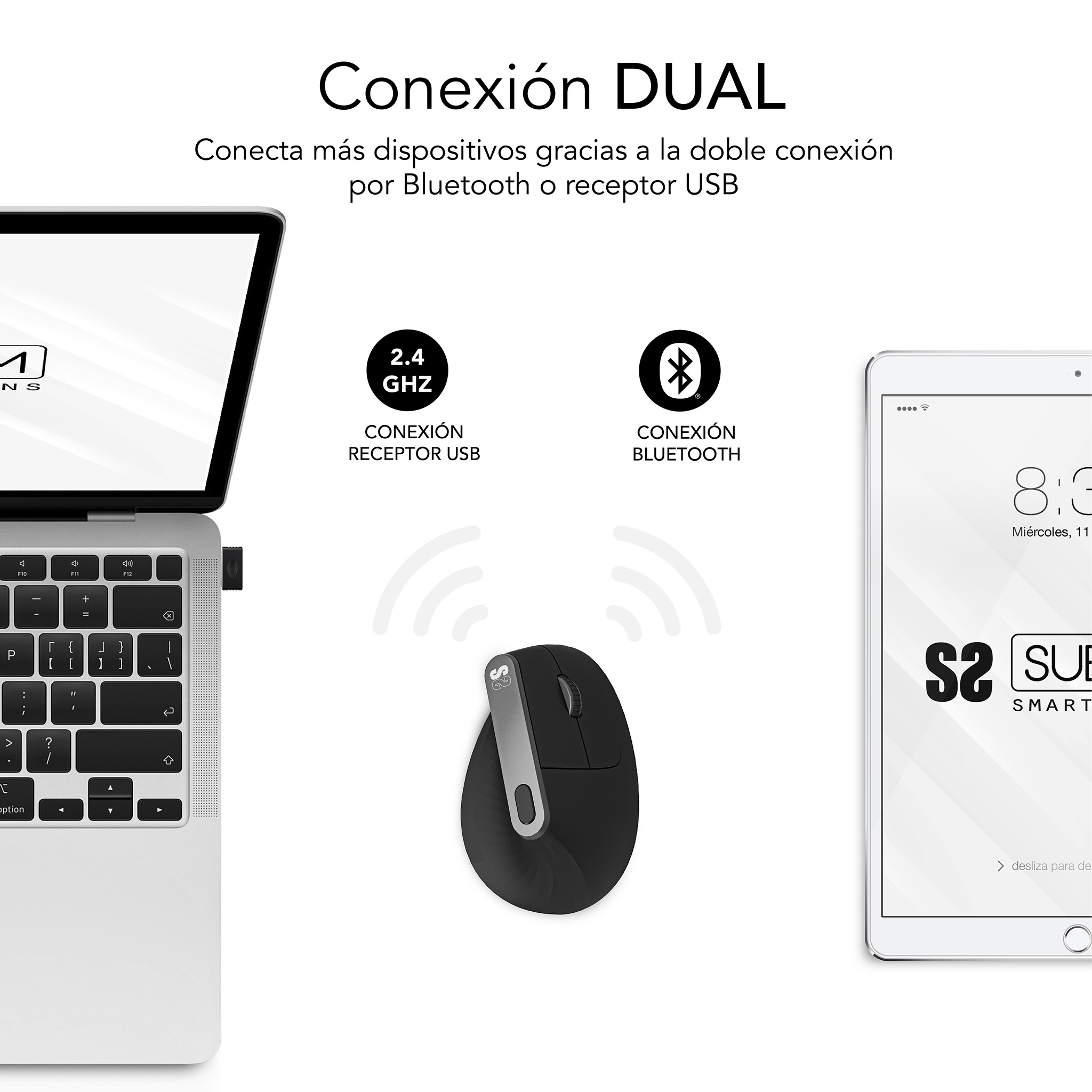 Laptop, mouse e tablet. Lo schermo mostra una doppia connessione, Bluetooth e USB. Lo sfondo è bianco.