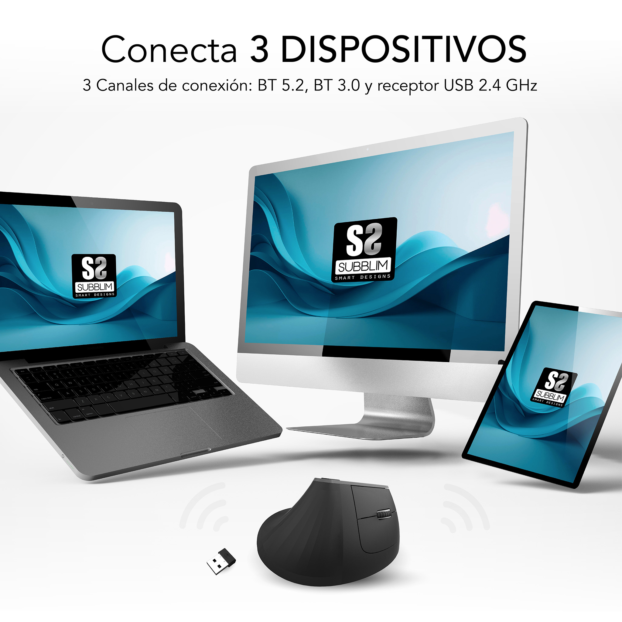 Schermi multipli che mostrano un mouse, un laptop e un computer. Il mouse ha un ricevitore USB.