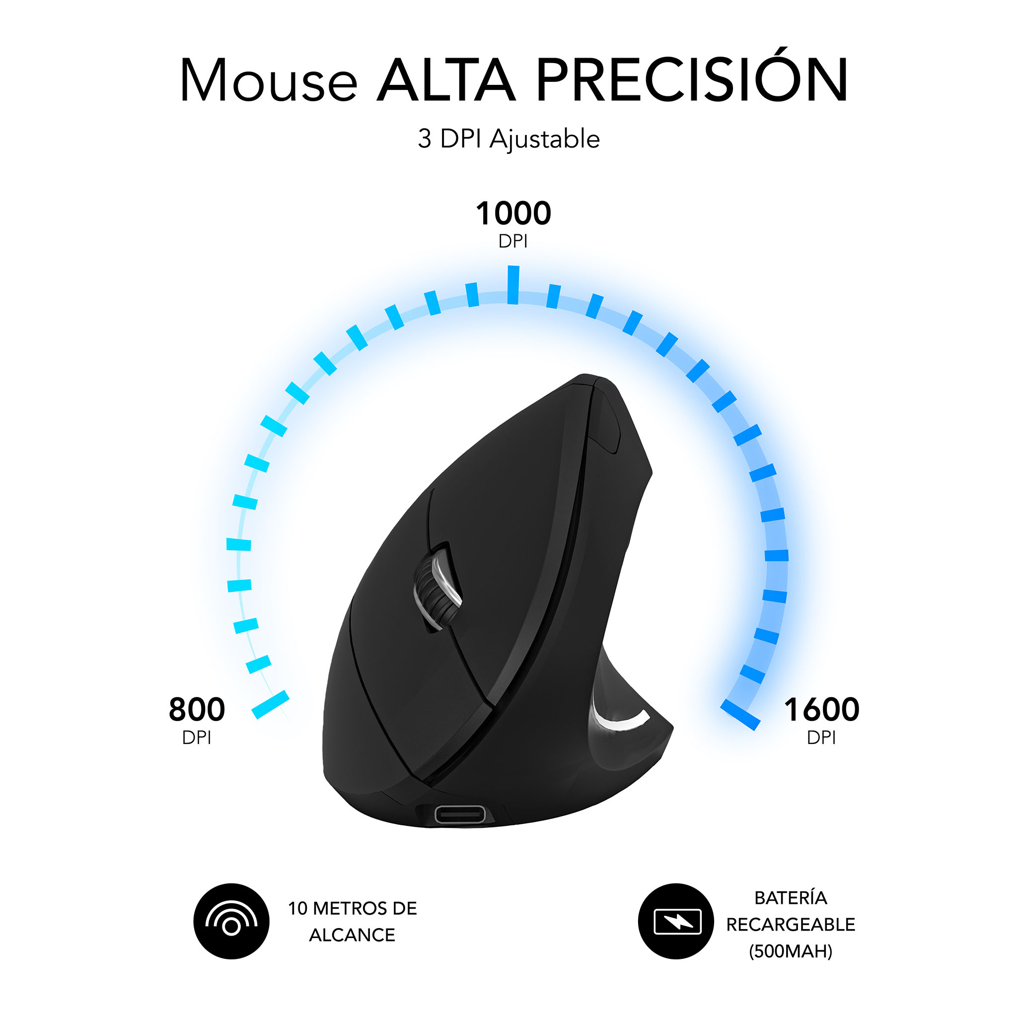 Ratón ergonómico negro con ajustes DPI ajustables (800, 1000, 1600) y batería recargable.