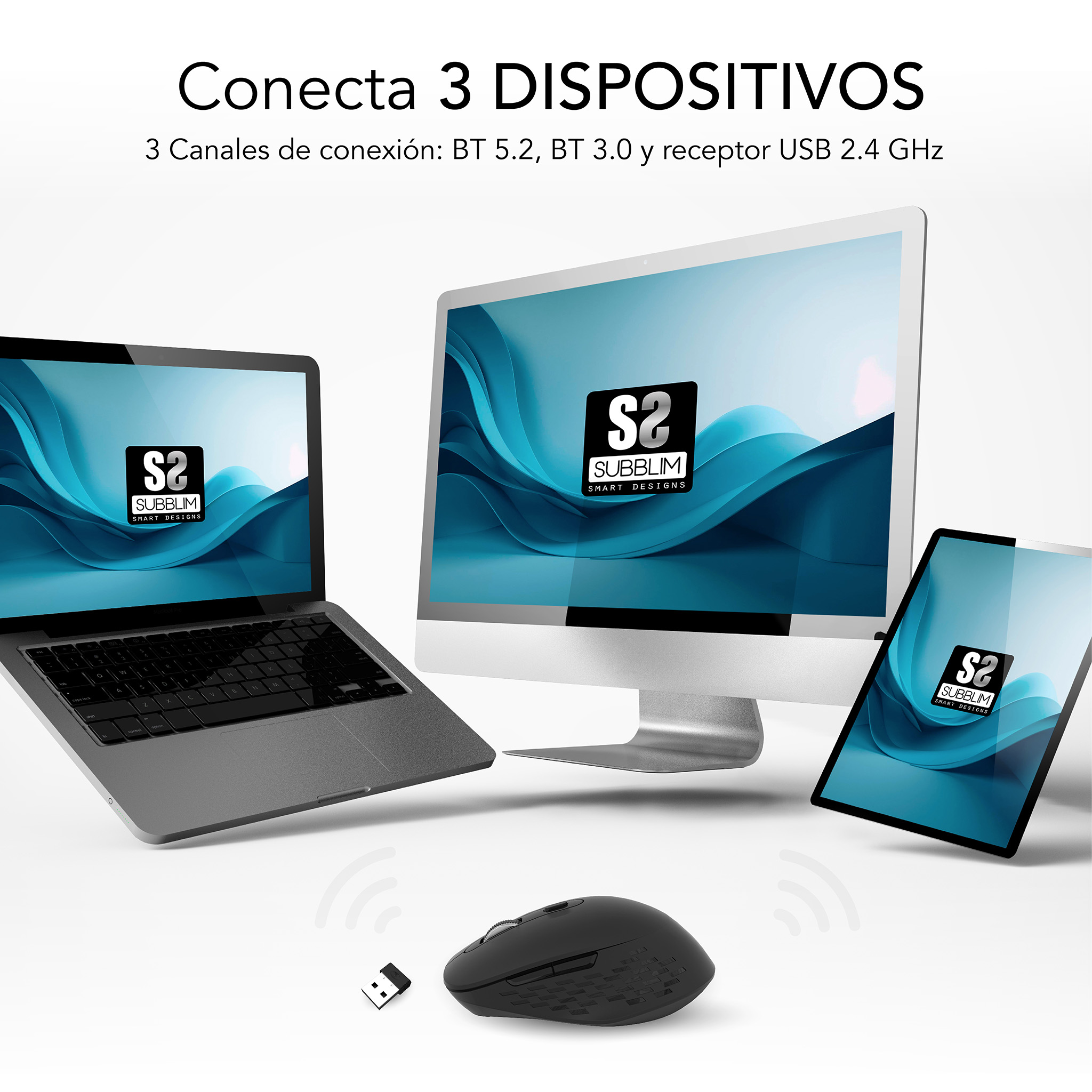 Czarna mysz, podłączona do trzech urządzeń: laptopa, monitora i tabletu. Białe tło.