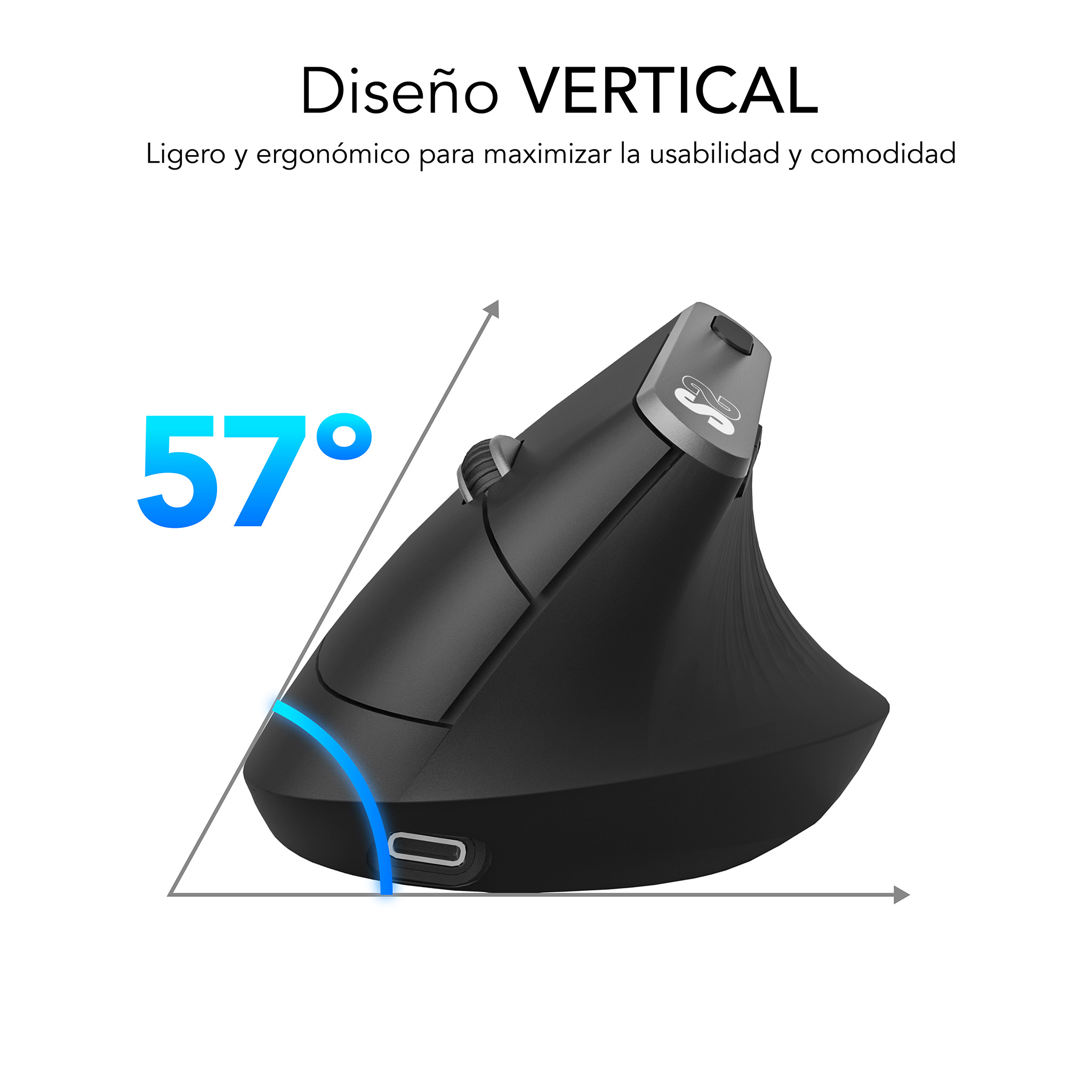 Un mouse ergonomico verticale nero. È ad un angolo di 57 gradi e ha un supporto per il pollice.