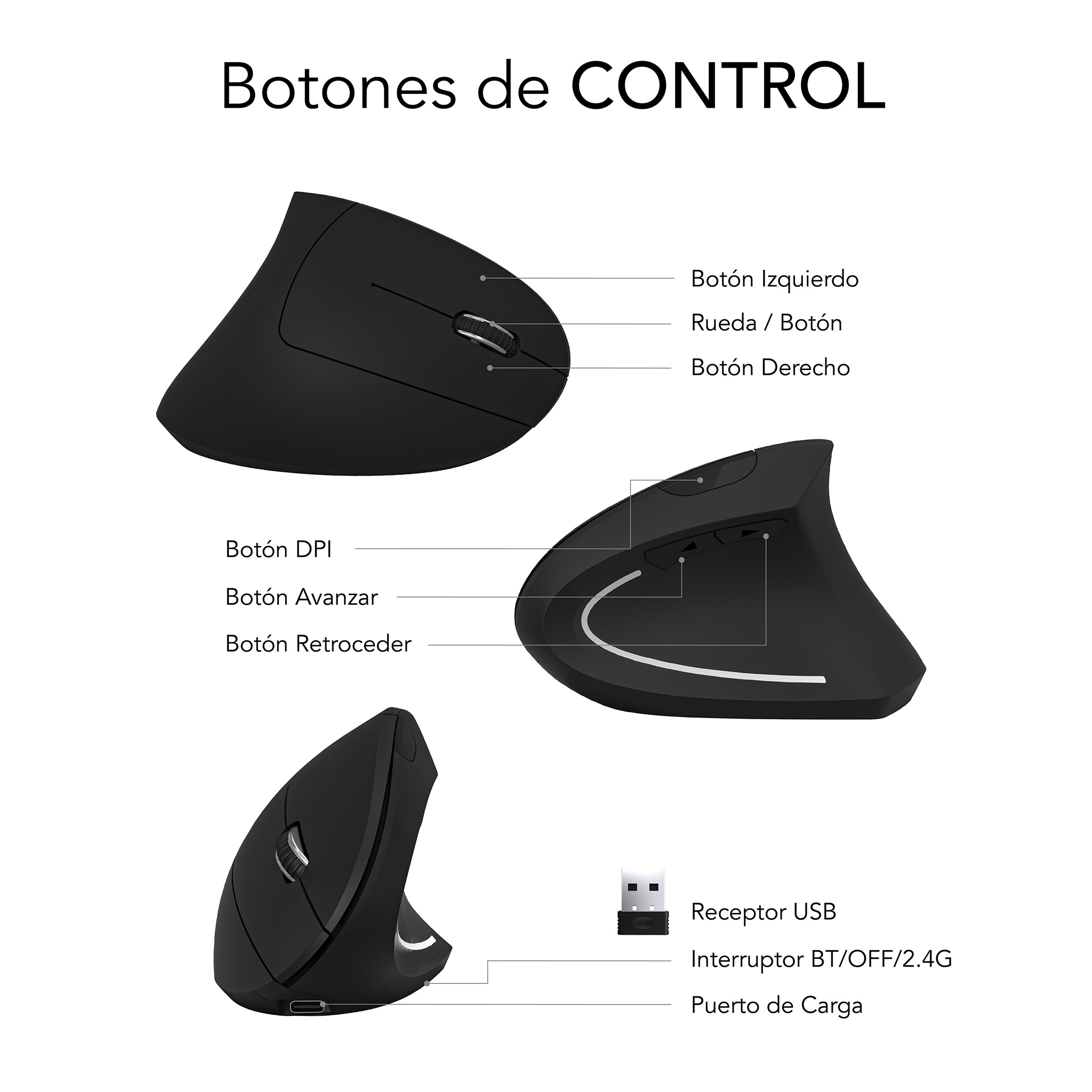 Ratón ergonómico con botones etiquetados. Incluye un receptor USB.
