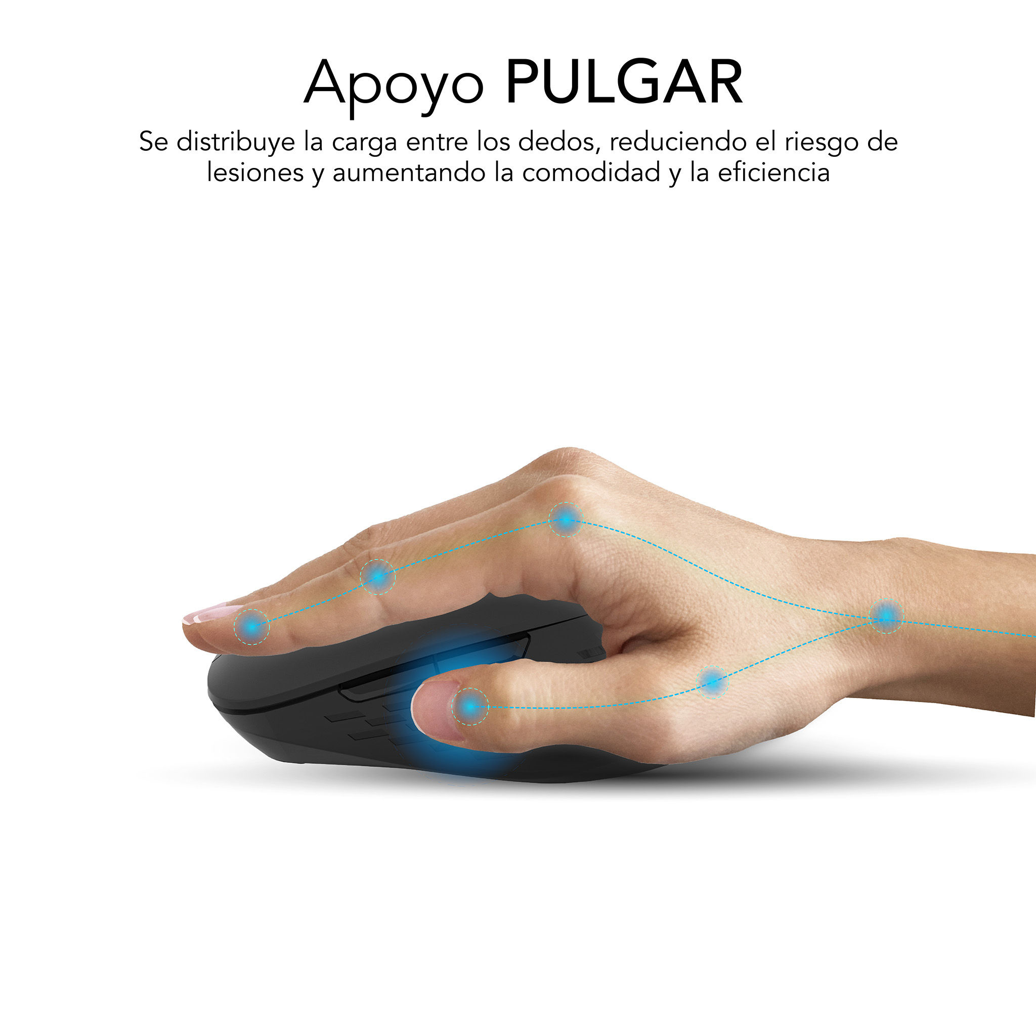 Dłoń spoczywająca na myszy, podkreślająca podparcie kciuka dla wygody i wydajności.