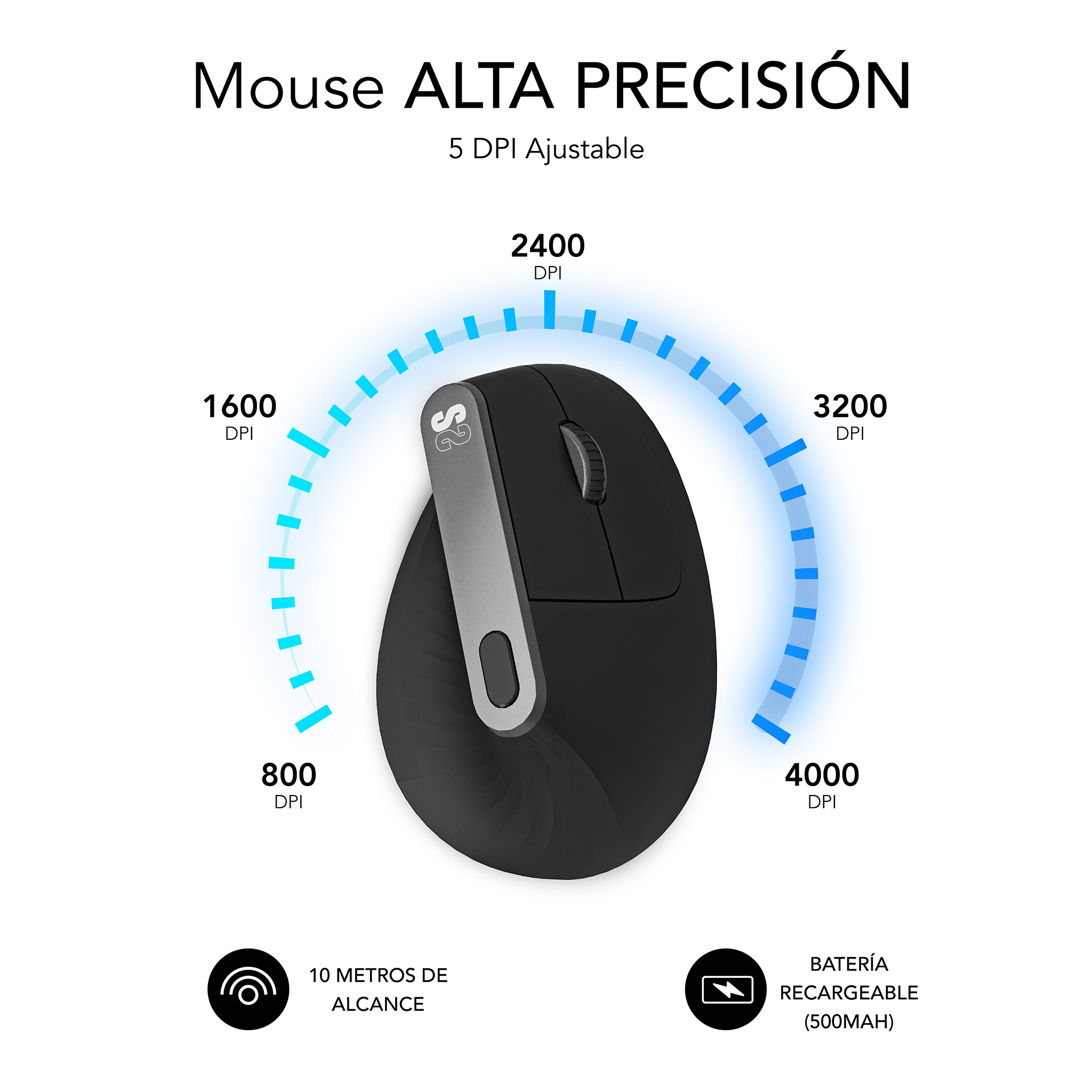 Un mouse nero con impostazioni DPI, con testo in spagnolo: Mouse Alta Precision.