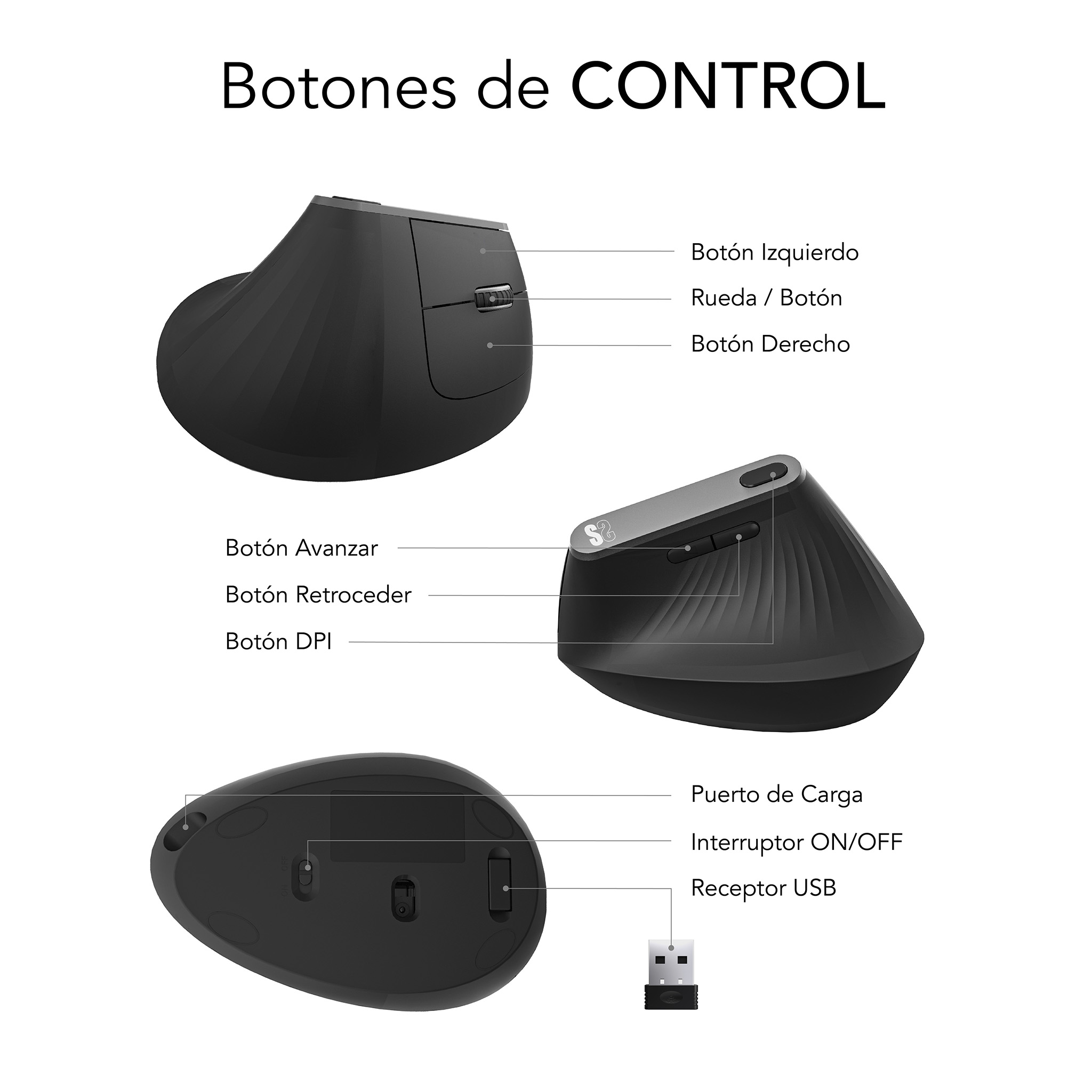 Tre viste di un mouse ergonomico grigio con pulsanti etichettati e ricevitore USB.