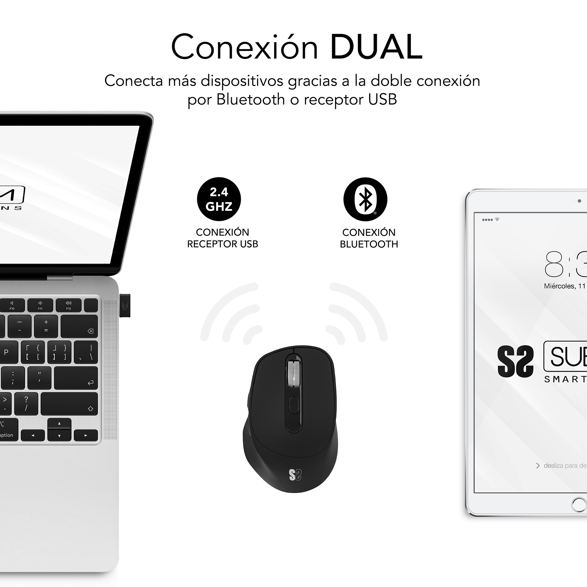 Ein Laptop, ein Tablet und eine schwarze Maus, die über Bluetooth verbunden sind.