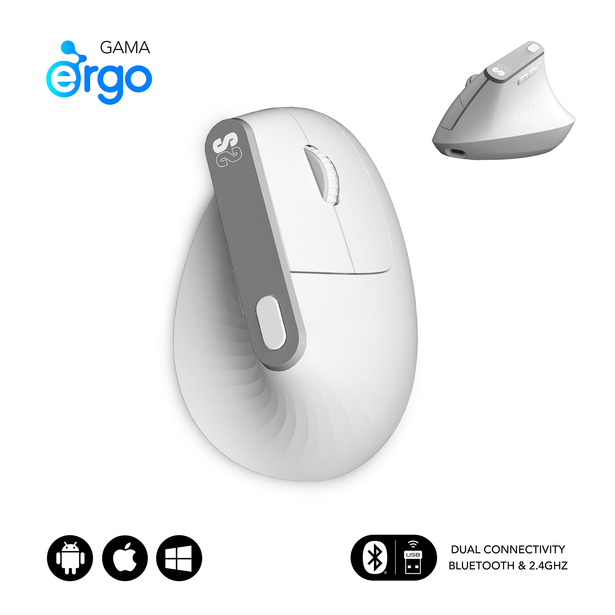 Witte ergonomische muis met een grijze zijkant en een kleine muis aan de zijkant.