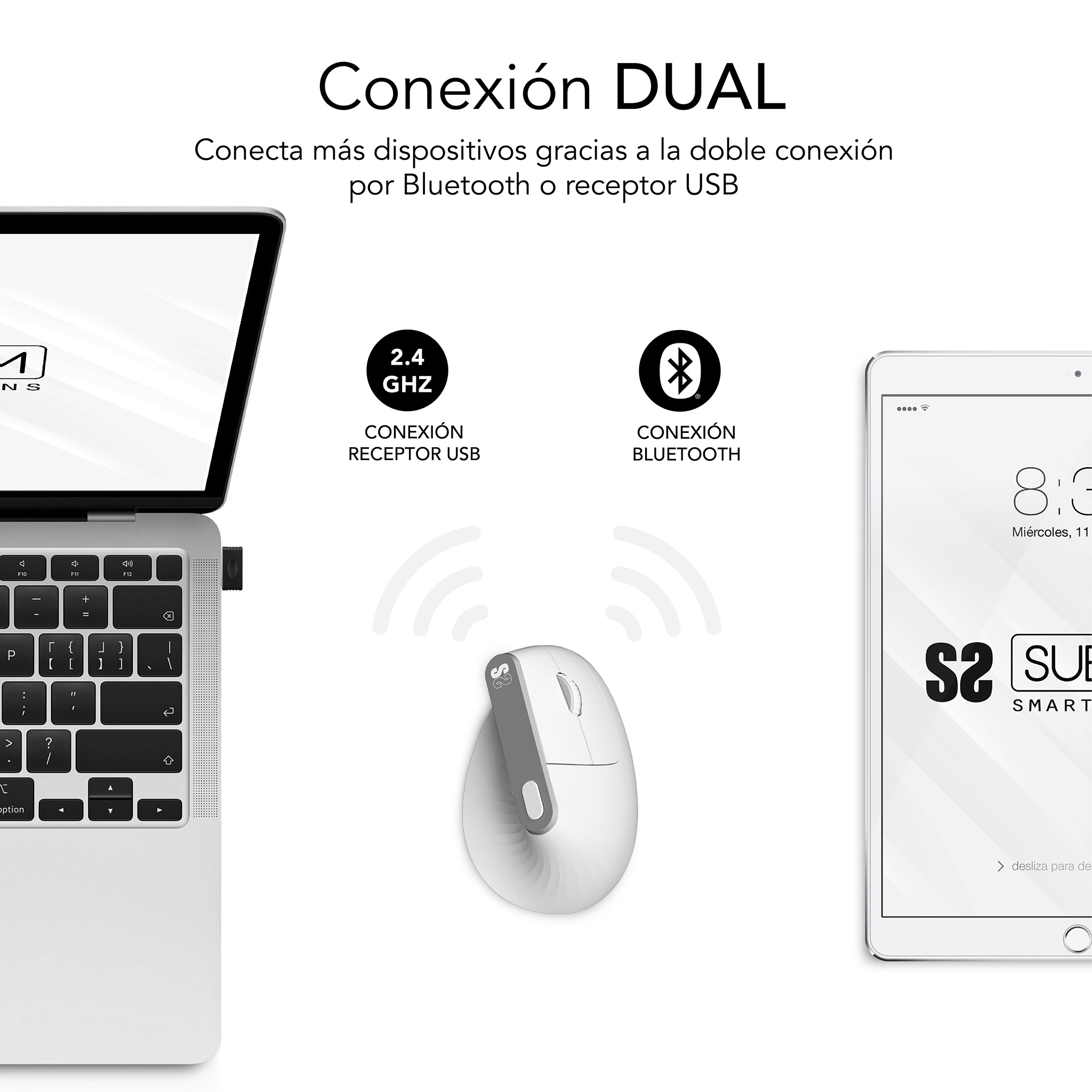 Witte muis met een laptop en tablet, die de dubbele verbinding via Bluetooth en USB illustreert.