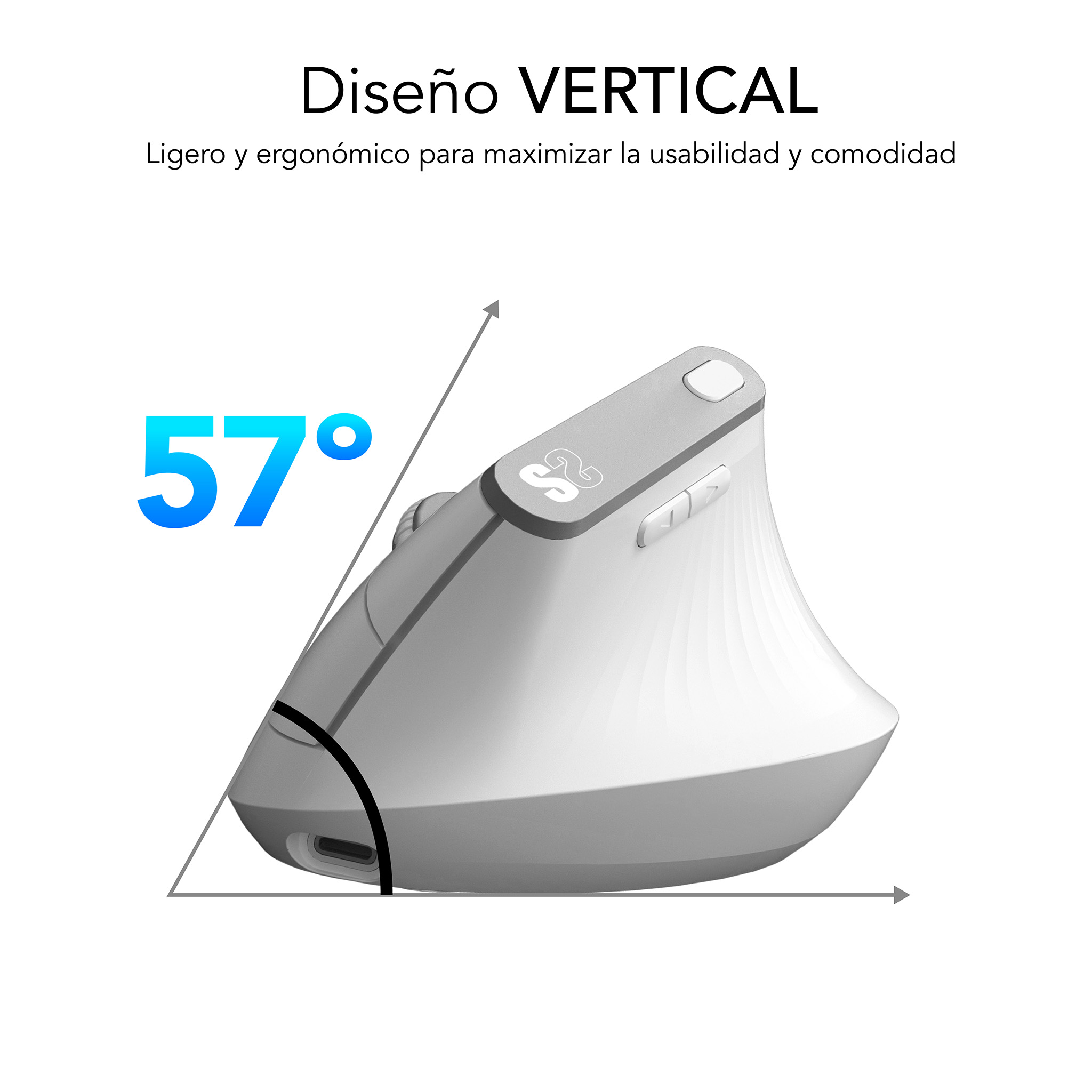 Een witte verticale ergonomische muis onder een hoek van 57 graden, met ontwerptekst.