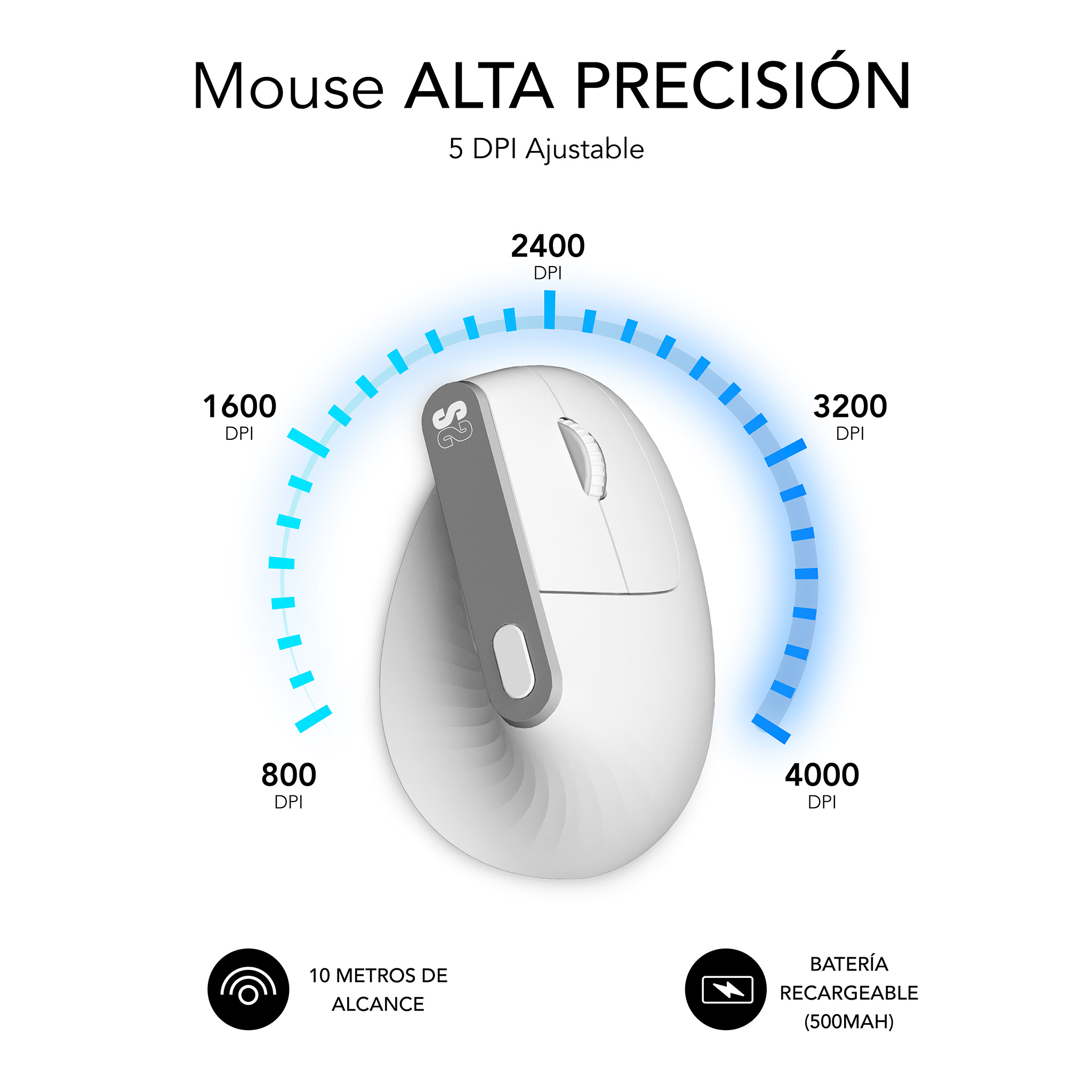 Een witte ergonomische muis met instelbare DPI-instellingen, met DPI-niveaus en blauw licht.
