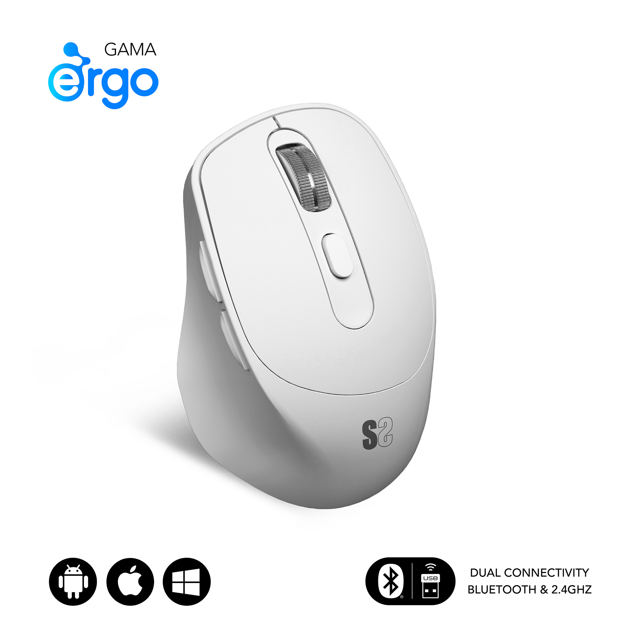 Un mouse ergonomico bianco con rotella e pulsanti. Il logo 'gama ergo' è visibile.