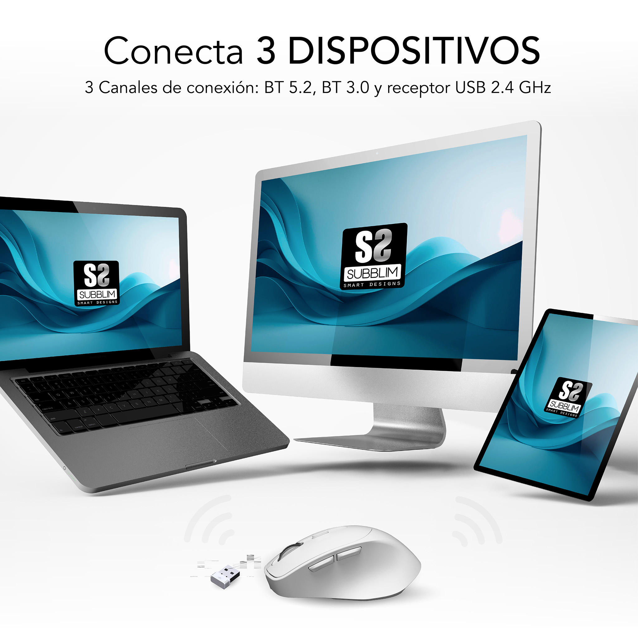 Un setup informatico con un laptop, un monitor desktop e un tablet, collegati da un mouse bianco e un ricevitore USB.