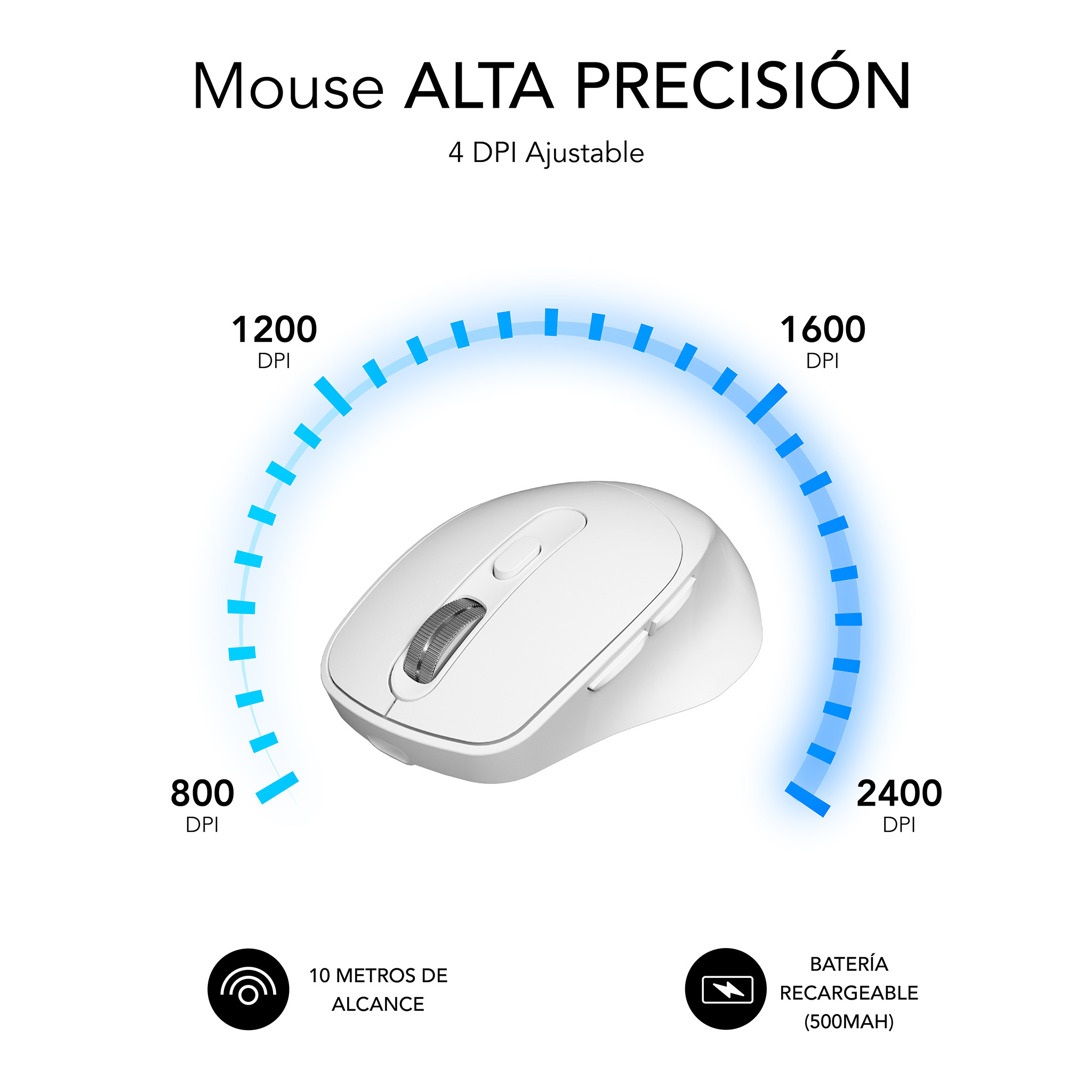 Mouse bianco con impostazioni DPI. Arco blu con numeri DPI, icone nere.