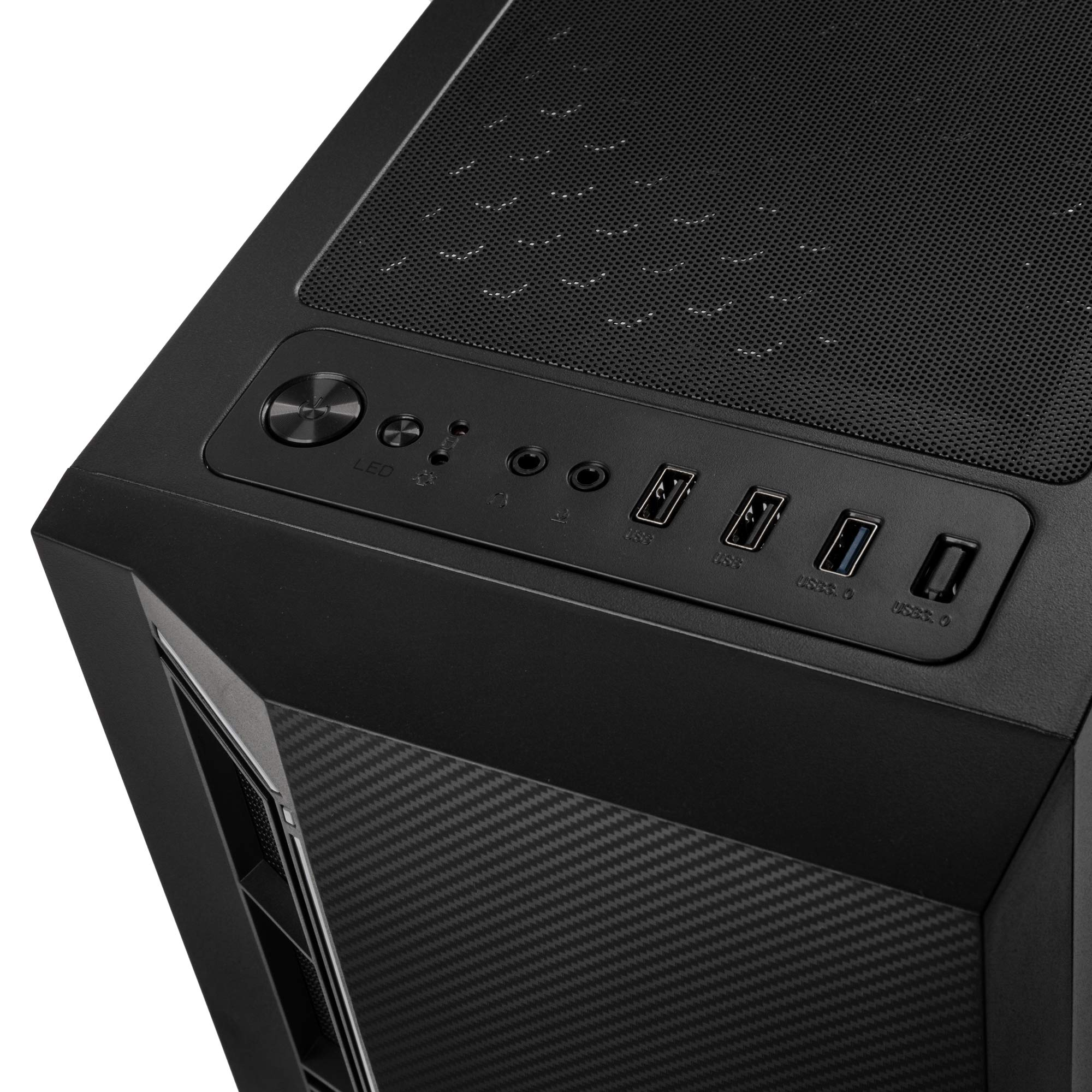 Primer plano de una caja de ordenador negra con puertos USB, botón de encendido y panel superior de malla.
