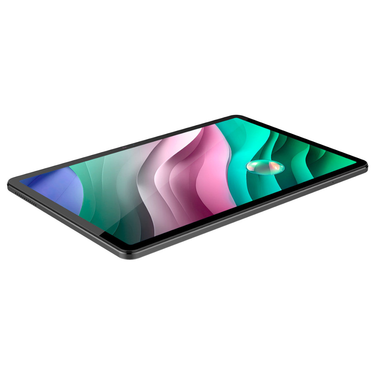 Tablet nero con sfondo astratto colorato.