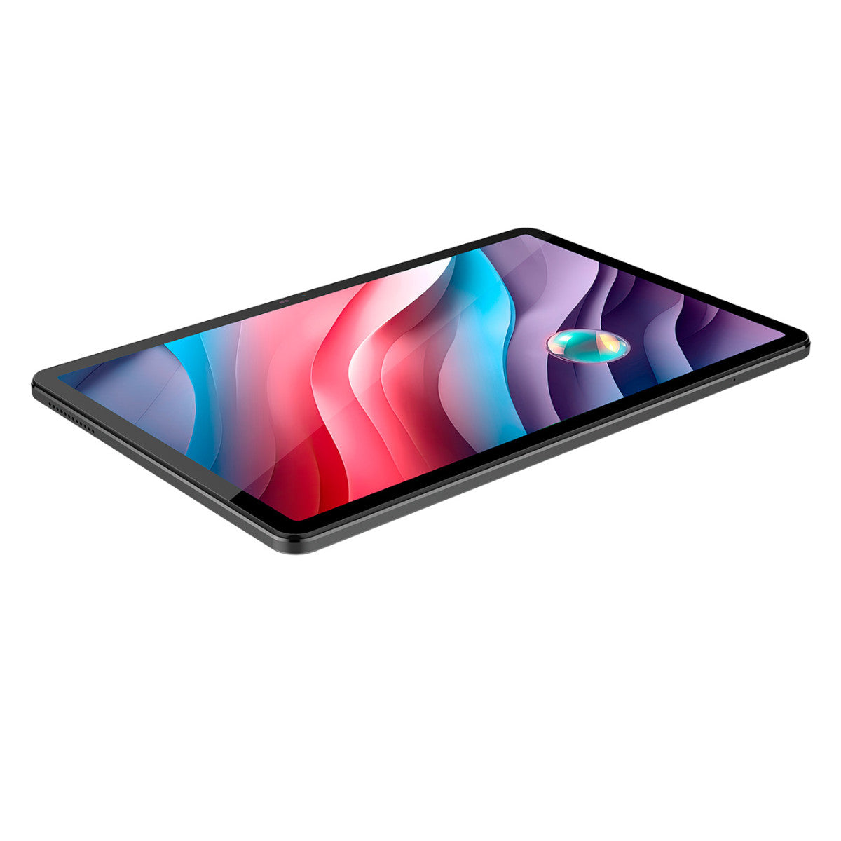 Tablet nero con arte astratta colorata, vista angolata.