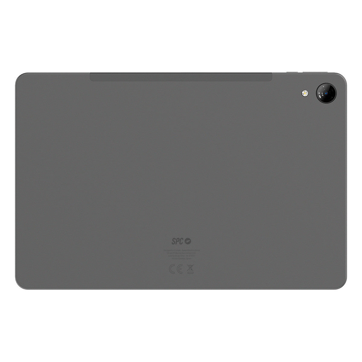 Il retro di un tablet grigio con fotocamera e logo su sfondo bianco.
