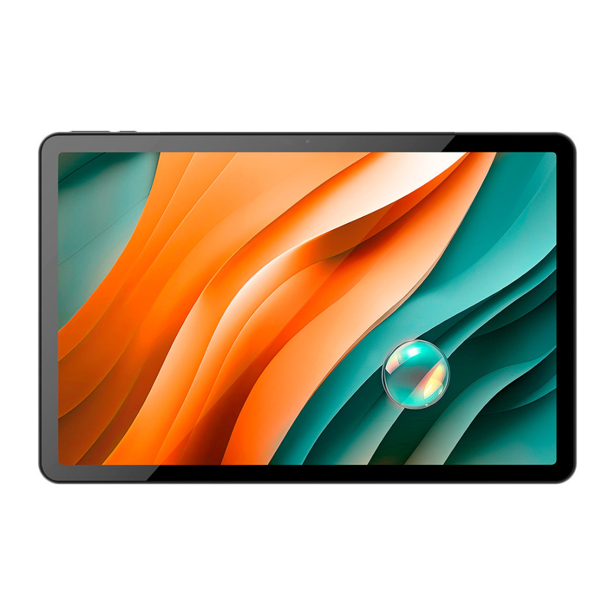 Tablet su sfondo astratto colorato con motivi a onde arancioni e verde acqua e una bolla.