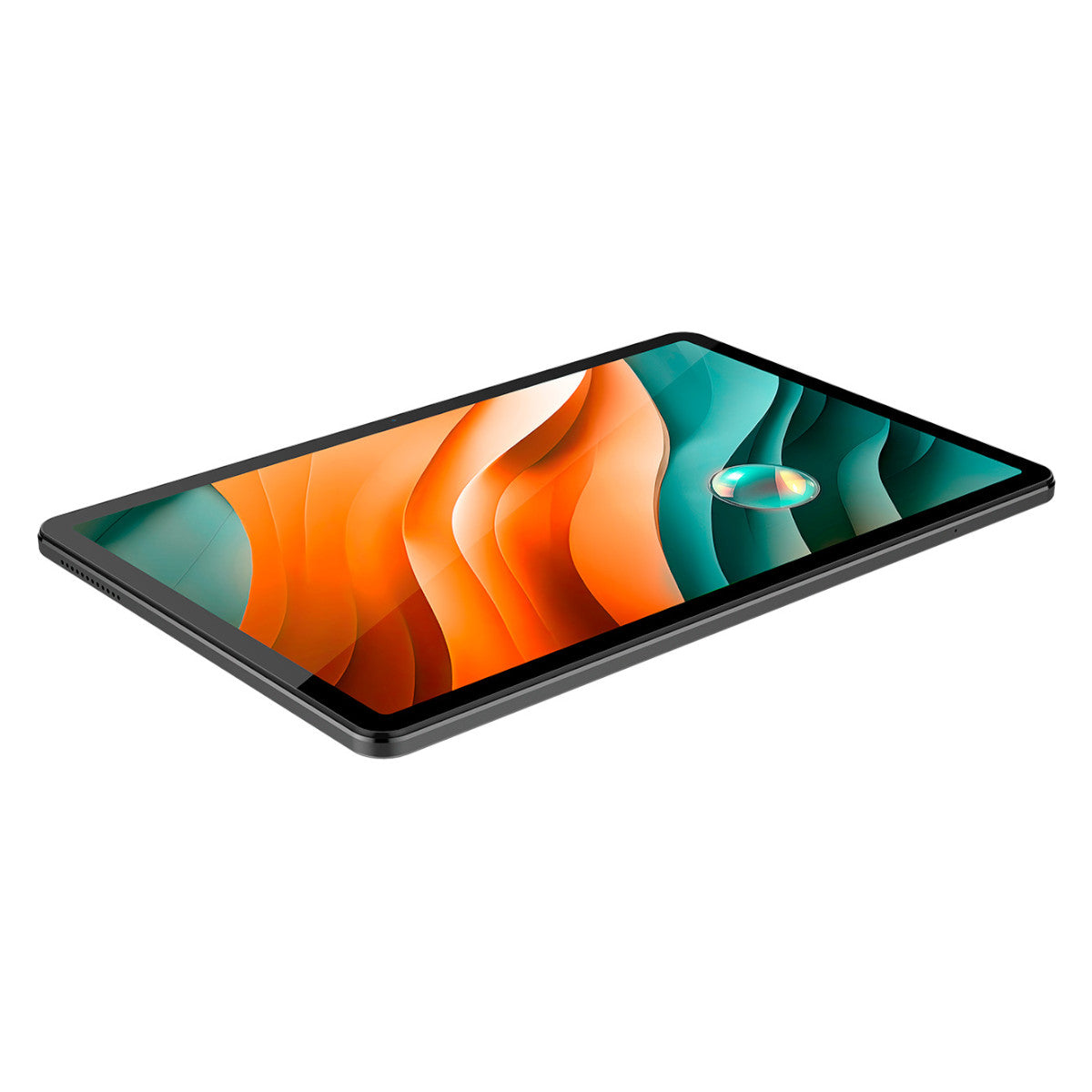 Un tablet nero con uno schermo arancione e verde acqua.