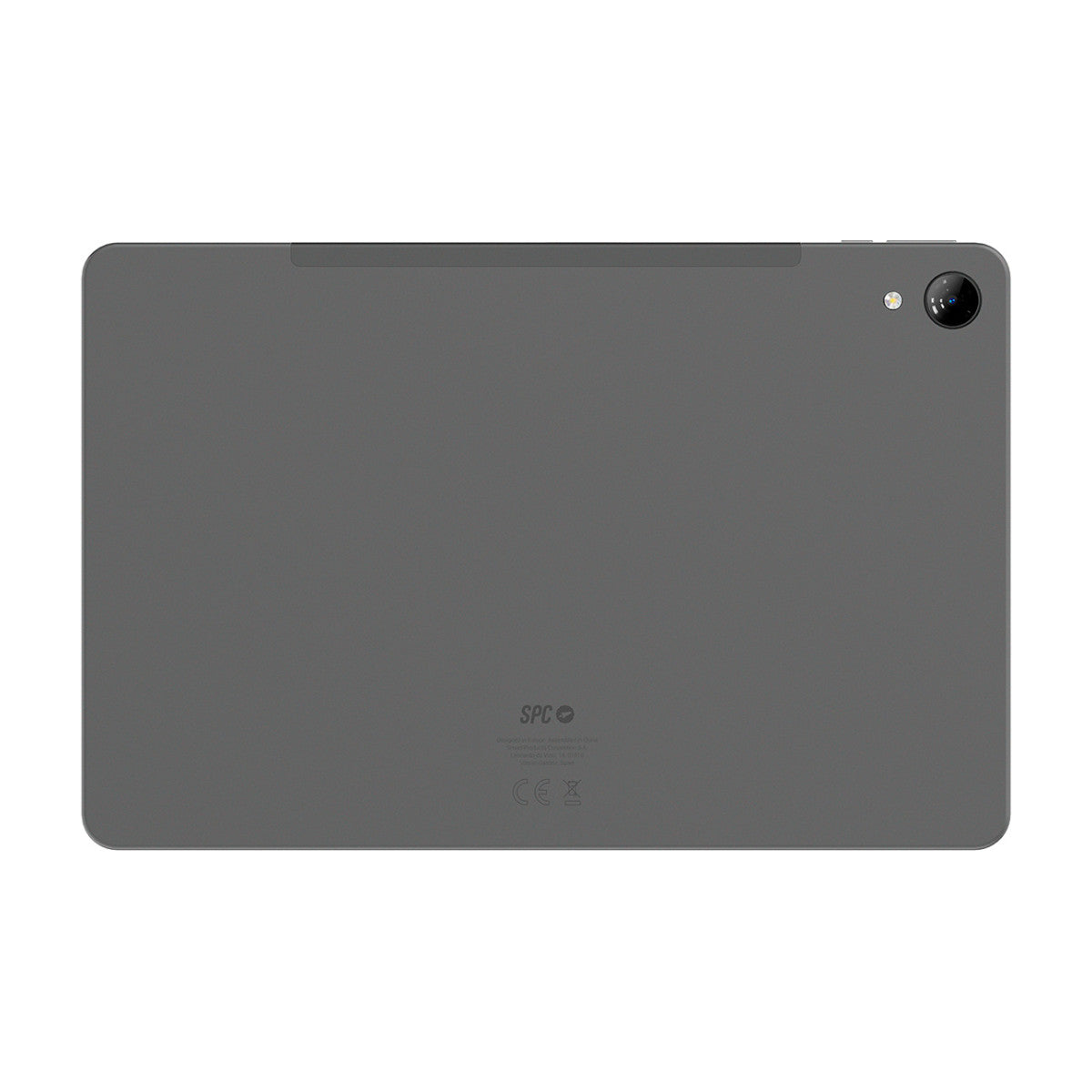 Retro del tablet grigio con fotocamera e logo SPC.