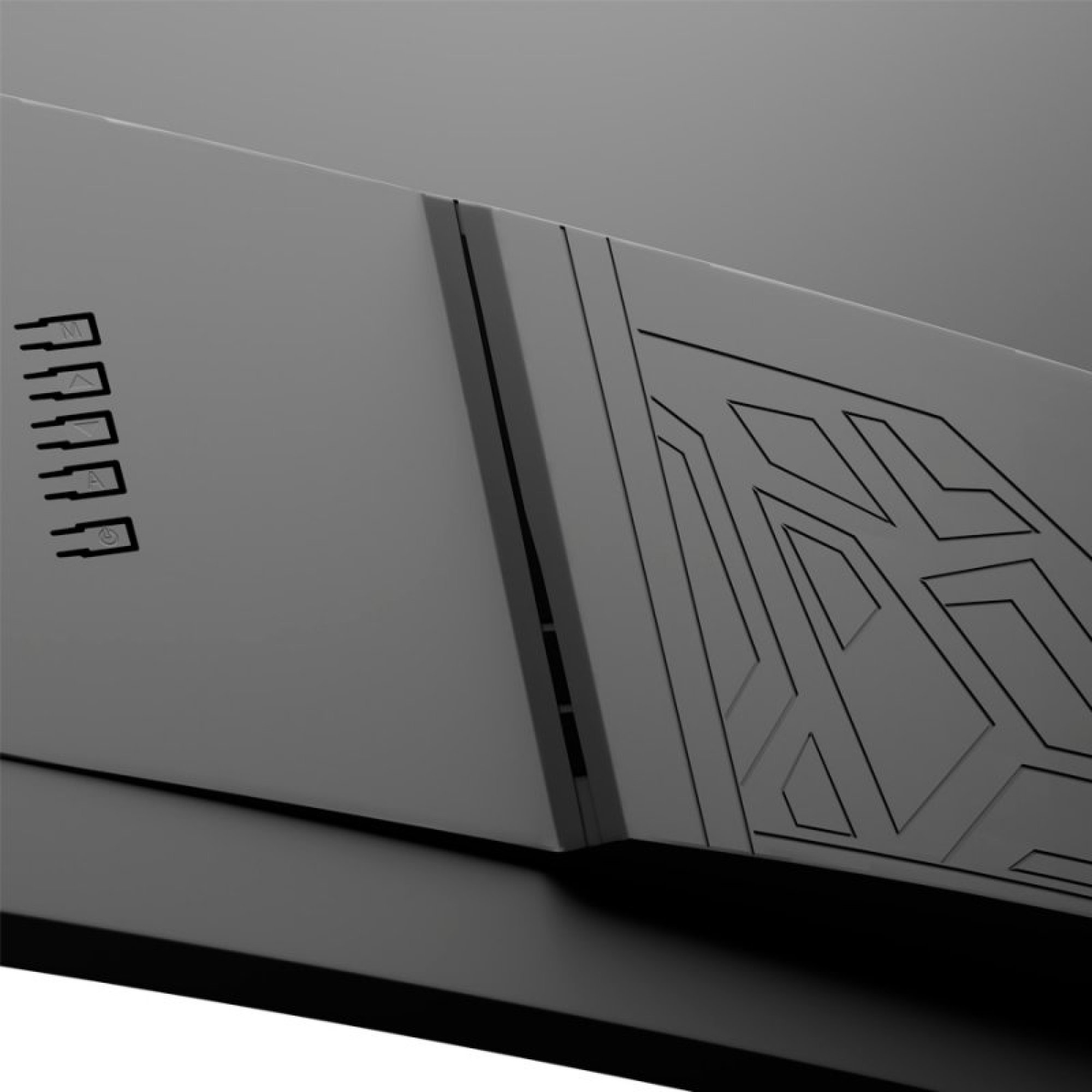 Zbliżenie srebrnego i szarego, nowoczesnego, prostokątnego urządzenia z geometrycznym wzorem.