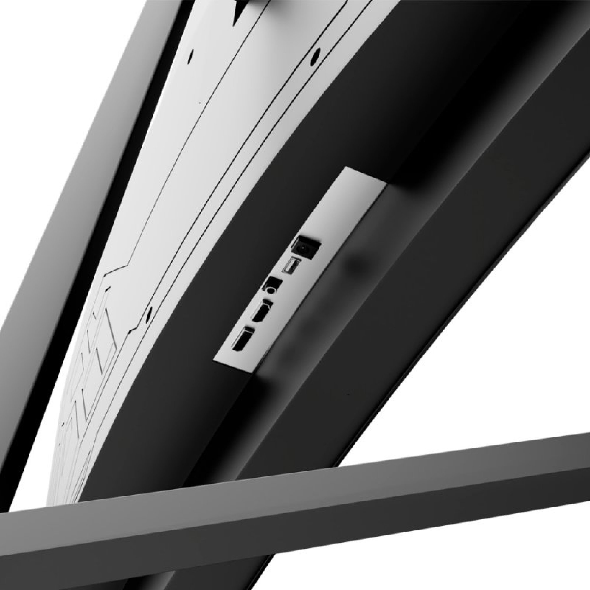 Zbliżenie podstawy monitora z portami. Czarno-białe.