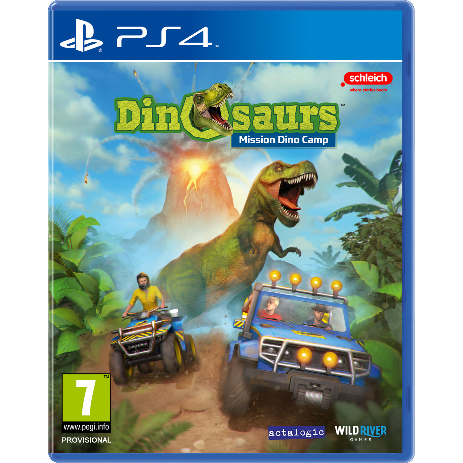 De hoes van een PS4-game met een dinosaurusscène en een blauwe case.